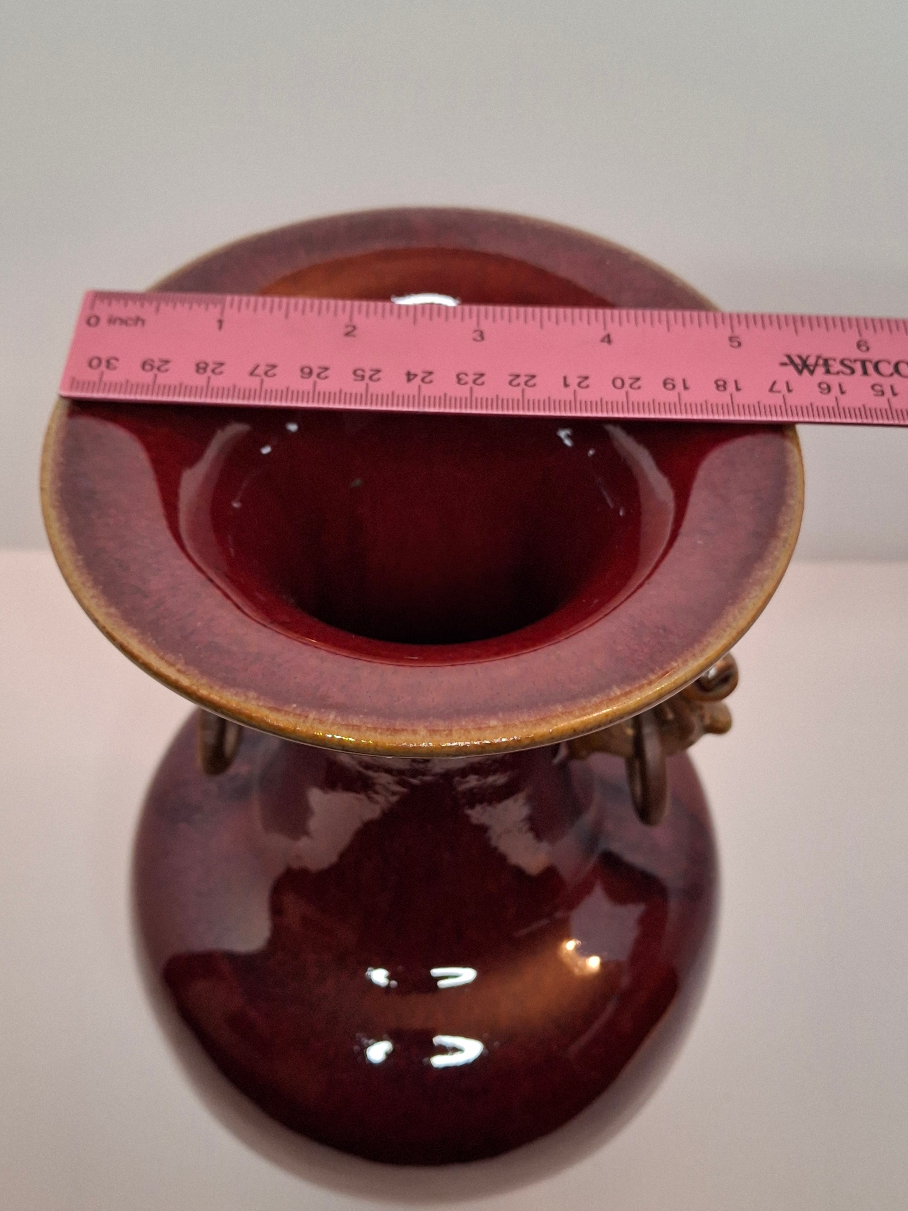 Mid-Century Chinese Jingdezhen Oxblood Porcelain Vase with Chi Dragon Handles, Flambé Glaze, 12.5" Tall – Vintage Reproduction