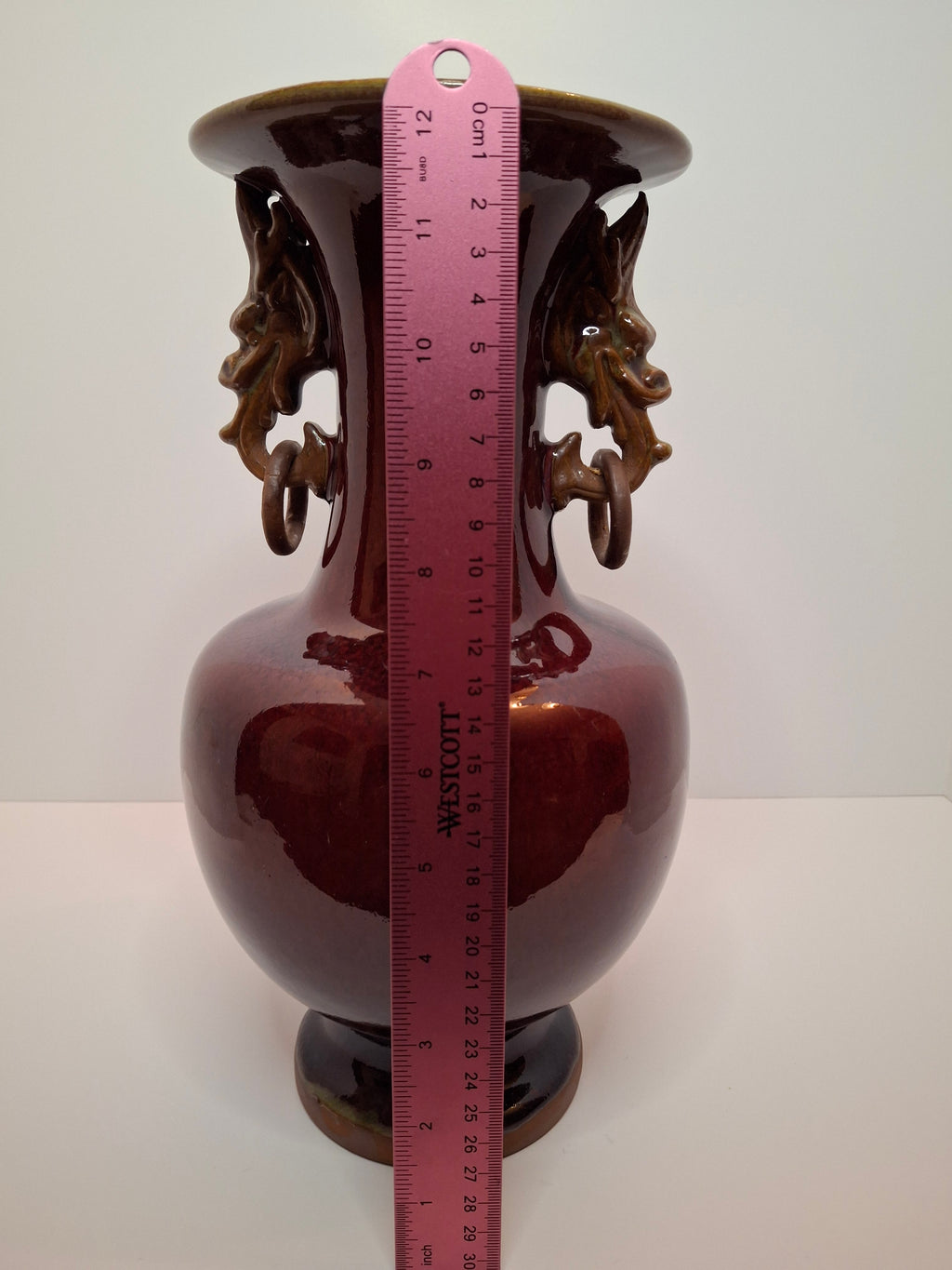 Mid-Century Chinese Jingdezhen Oxblood Porcelain Vase with Chi Dragon Handles, Flambé Glaze, 12.5" Tall – Vintage Reproduction