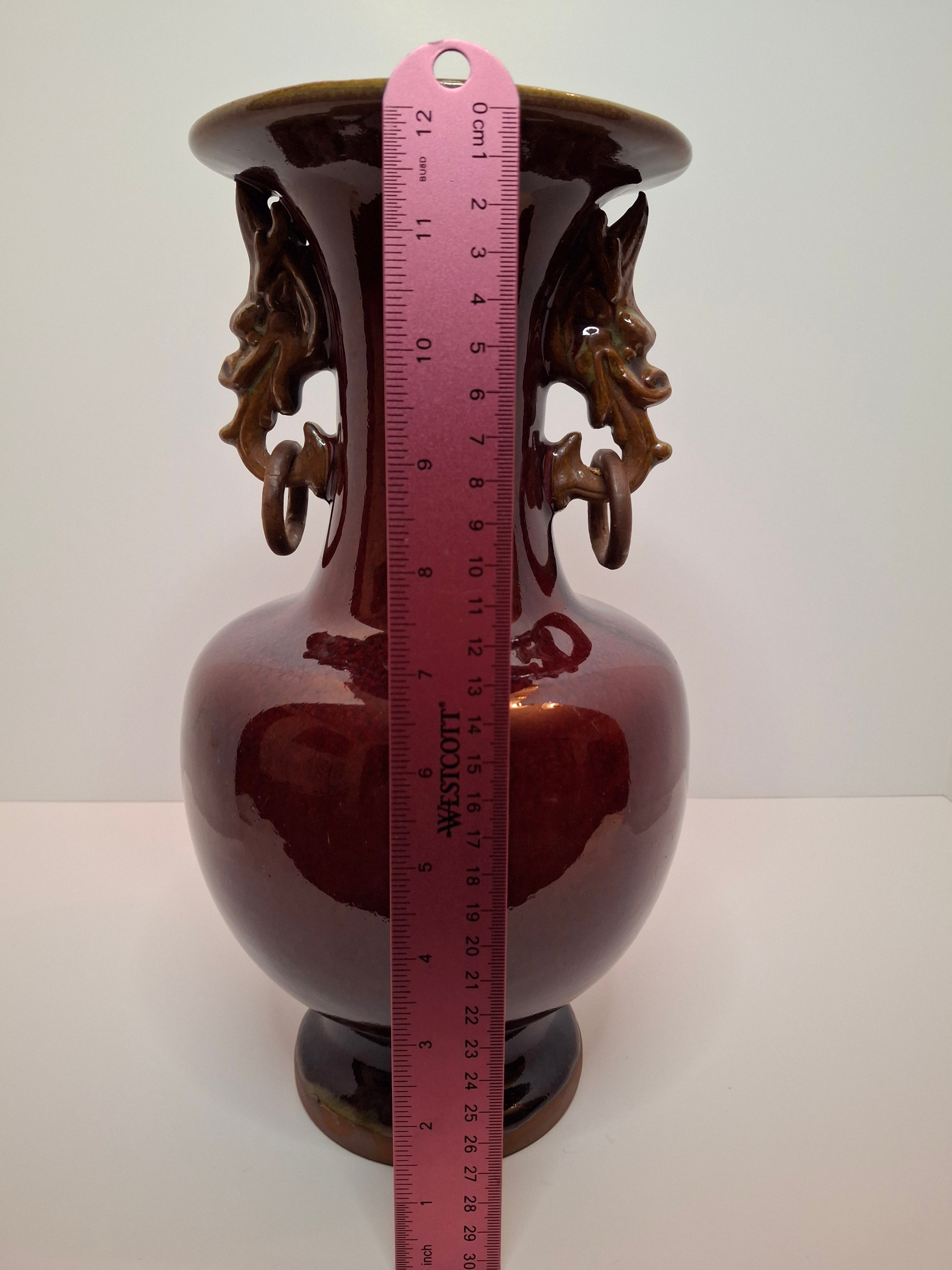 Mid-Century Chinese Jingdezhen Oxblood Porcelain Vase with Chi Dragon Handles, Flambé Glaze, 12.5" Tall – Vintage Reproduction