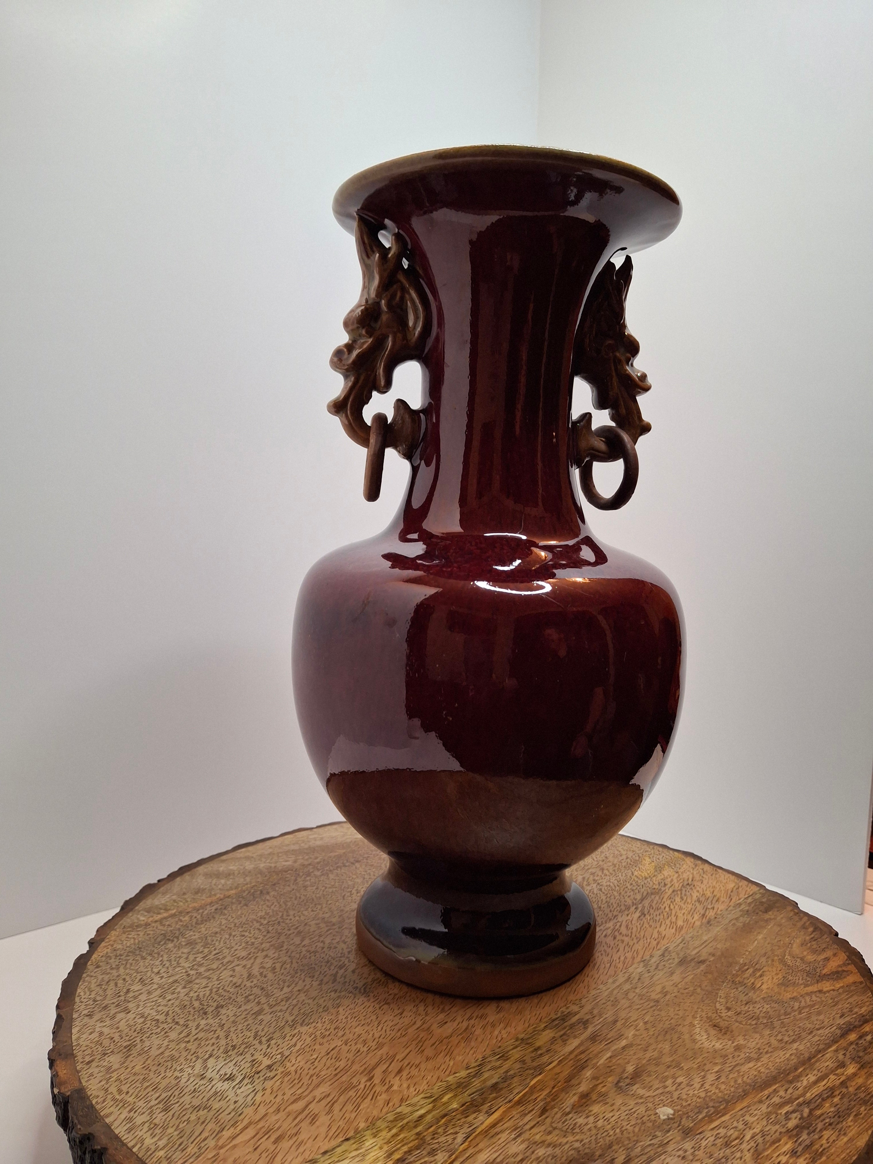 Mid-Century Chinese Jingdezhen Oxblood Porcelain Vase with Chi Dragon Handles, Flambé Glaze, 12.5" Tall – Vintage Reproduction