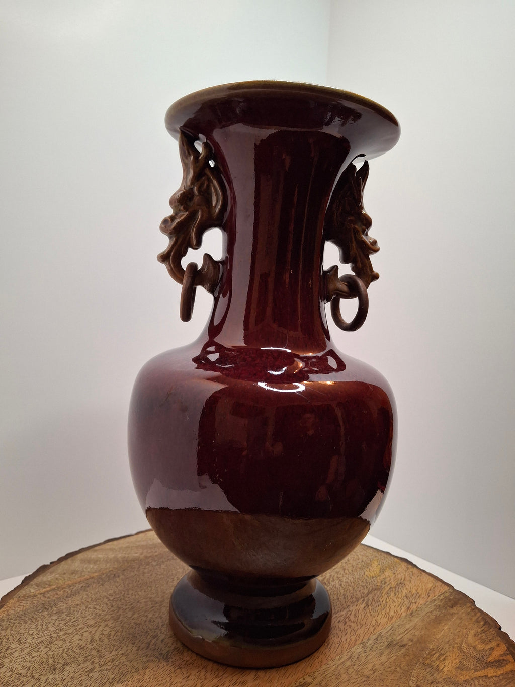 Mid-Century Chinese Jingdezhen Oxblood Porcelain Vase with Chi Dragon Handles, Flambé Glaze, 12.5" Tall – Vintage Reproduction
