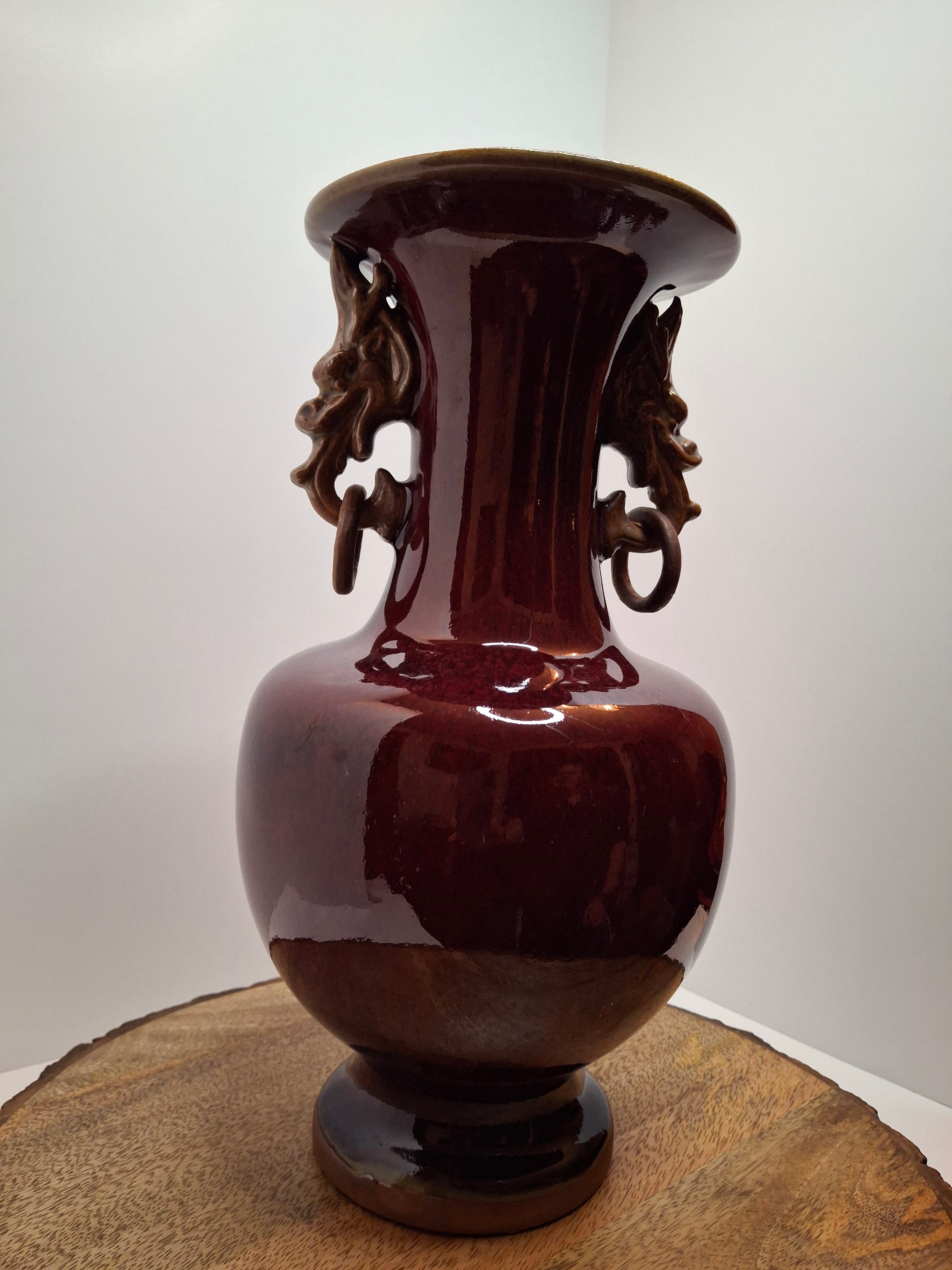 Mid-Century Chinese Jingdezhen Oxblood Porcelain Vase with Chi Dragon Handles, Flambé Glaze, 12.5" Tall – Vintage Reproduction