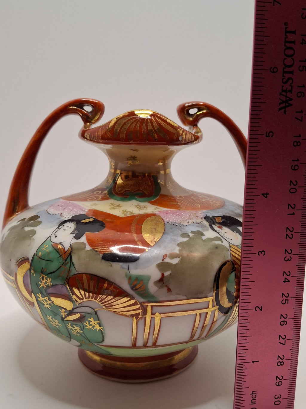 Vintage Mid-Century Japanese Kutani Porcelain Geisha Landscape Ewer Vase
