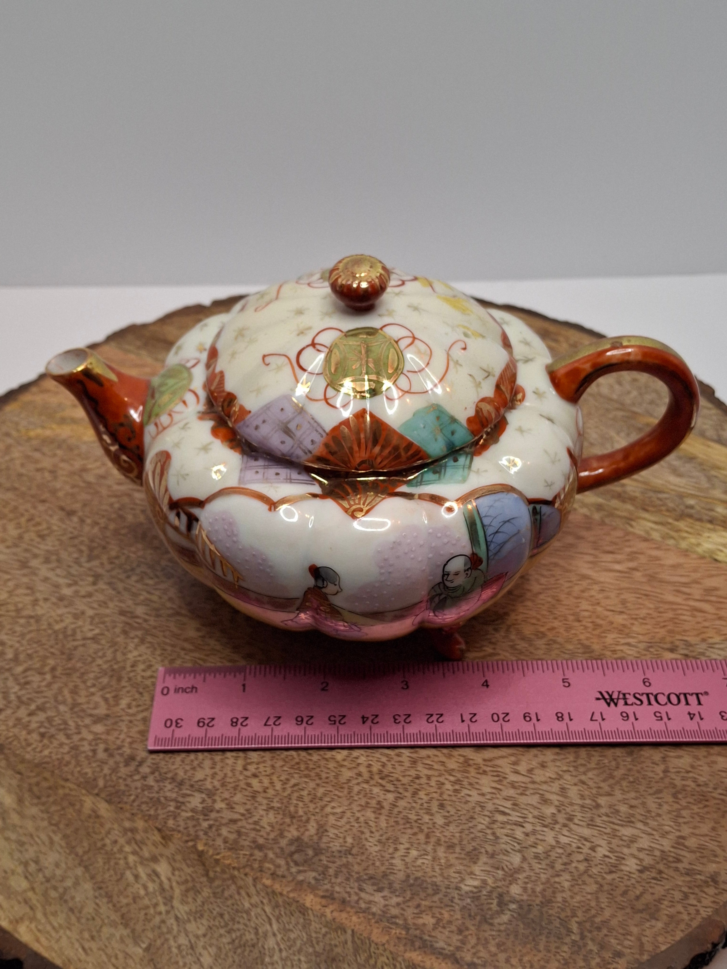 Vintage Japanese Satsuma Hododa Porcelain Teapot w/ Lid - Meiji - Hand-Painted