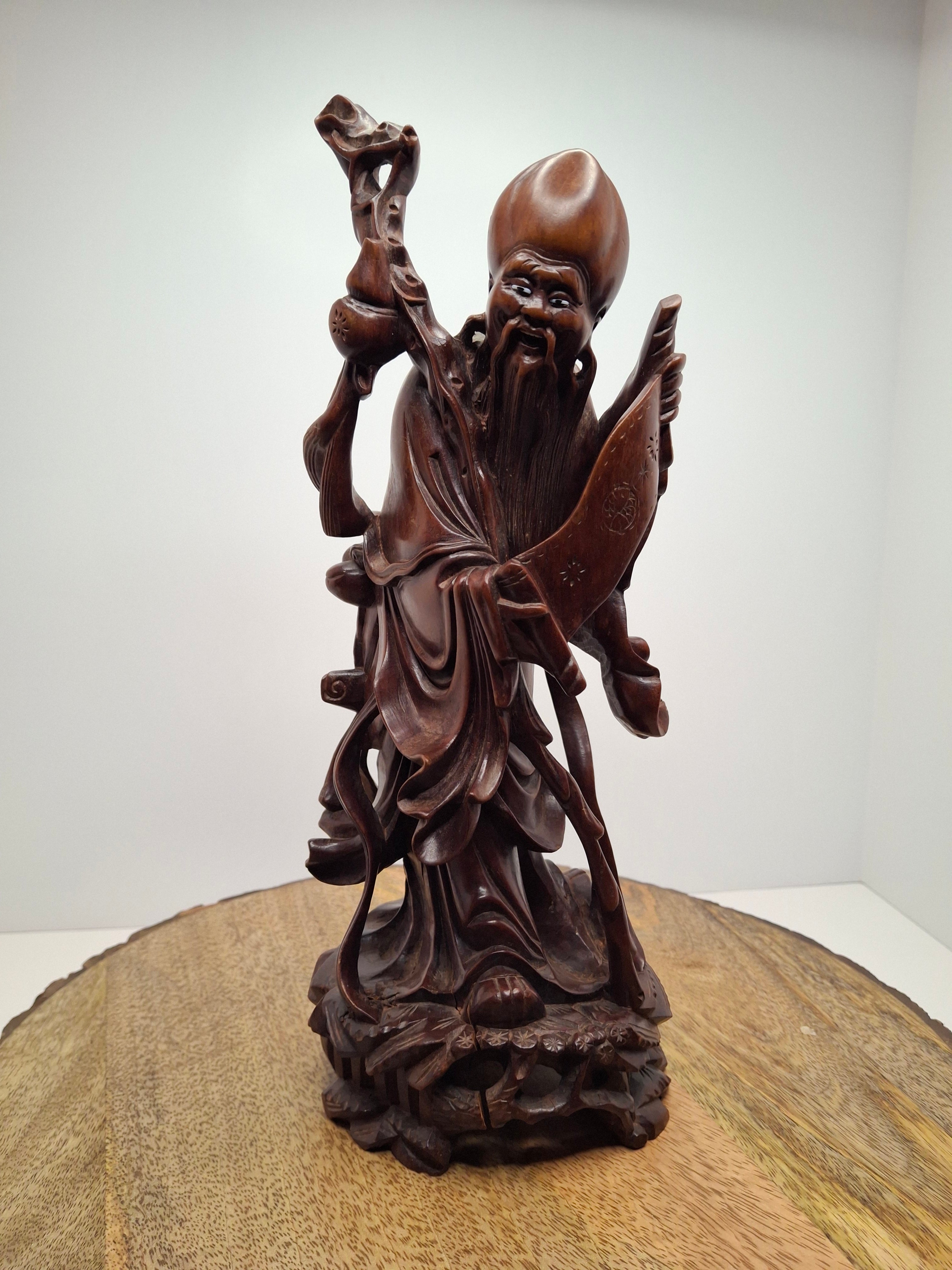 Vintage Mid-20th C Chinese Hand-Carved Hardwood Shou Lao Longevity Statue