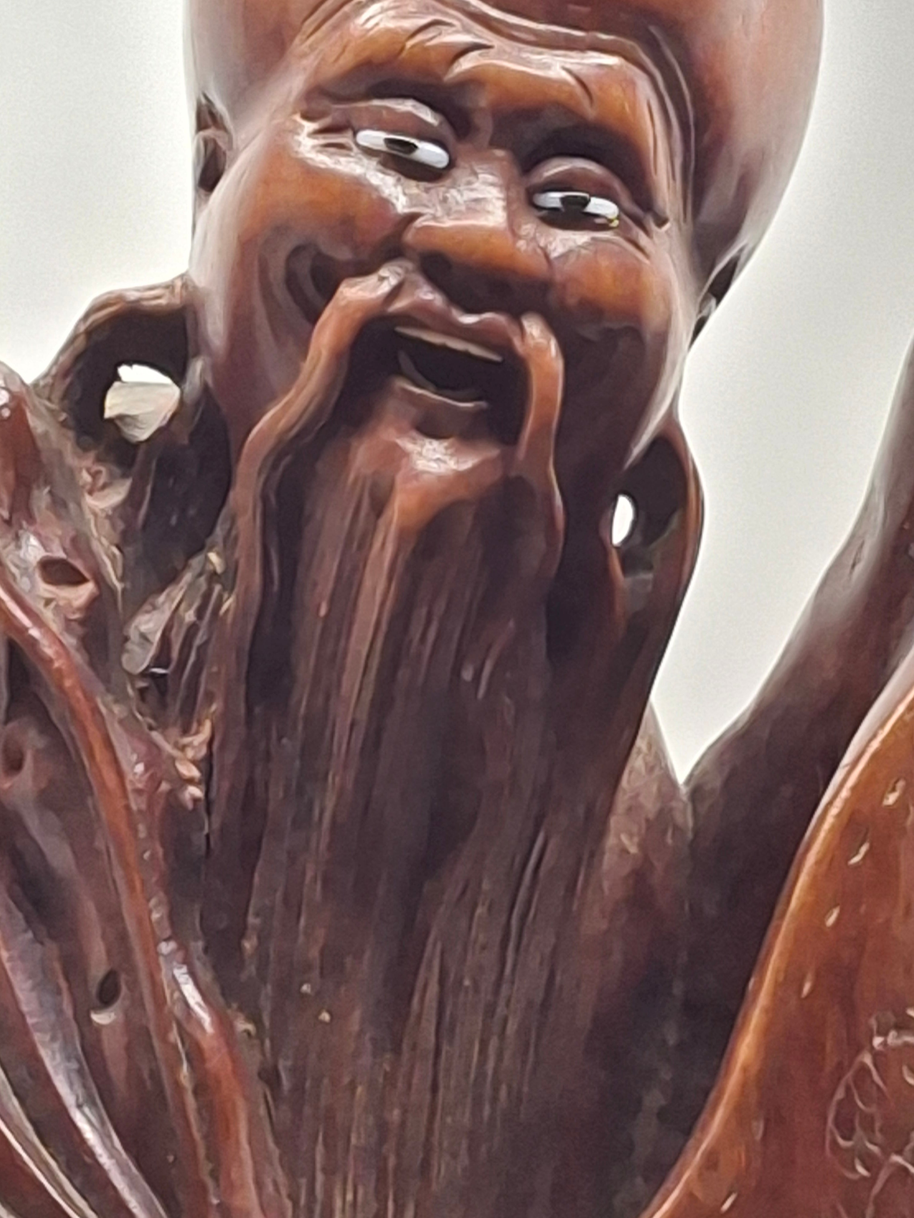 Vintage Mid-20th C Chinese Hand-Carved Hardwood Shou Lao Longevity Statue