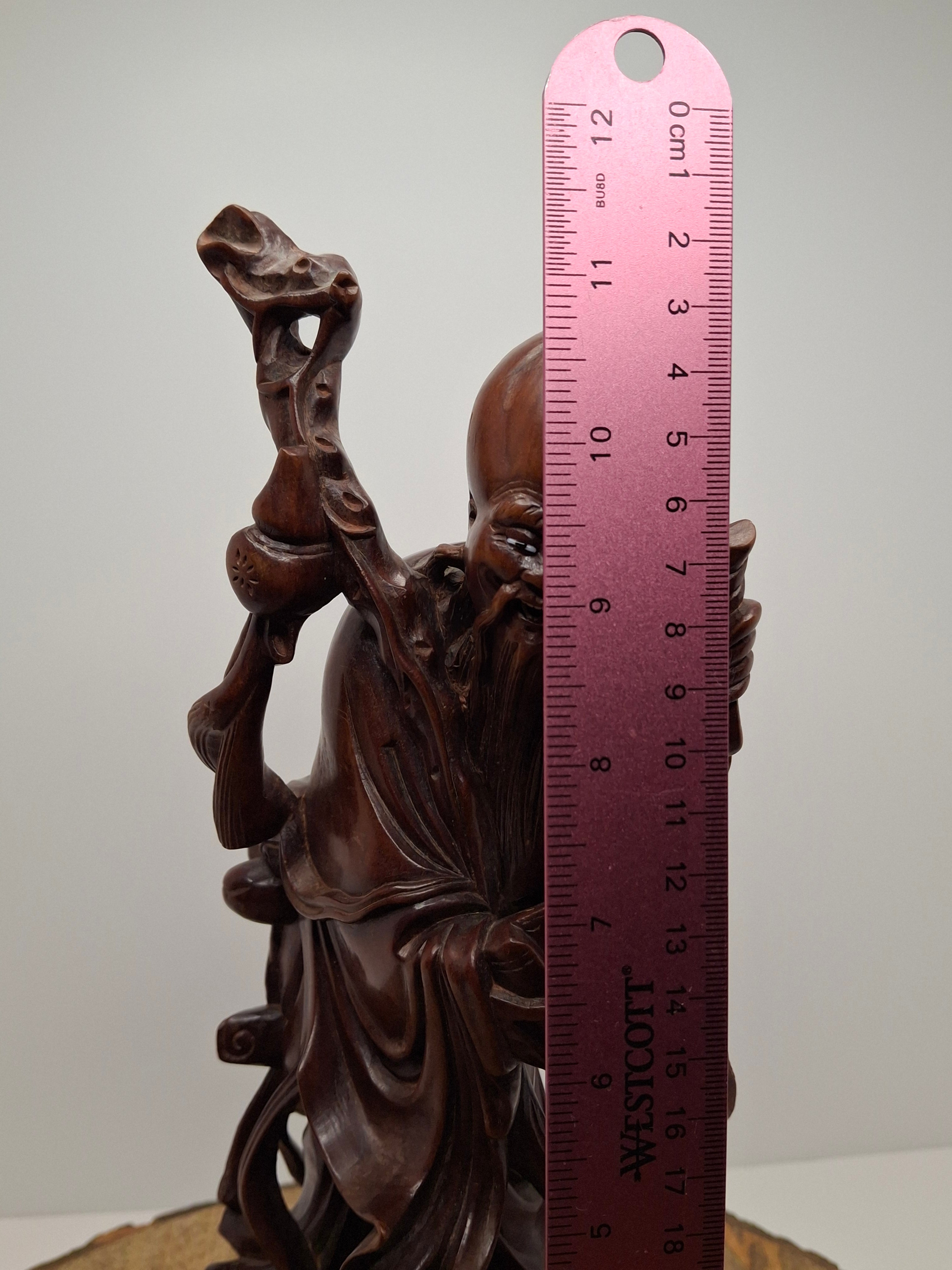 Vintage Mid-20th C Chinese Hand-Carved Hardwood Shou Lao Longevity Statue