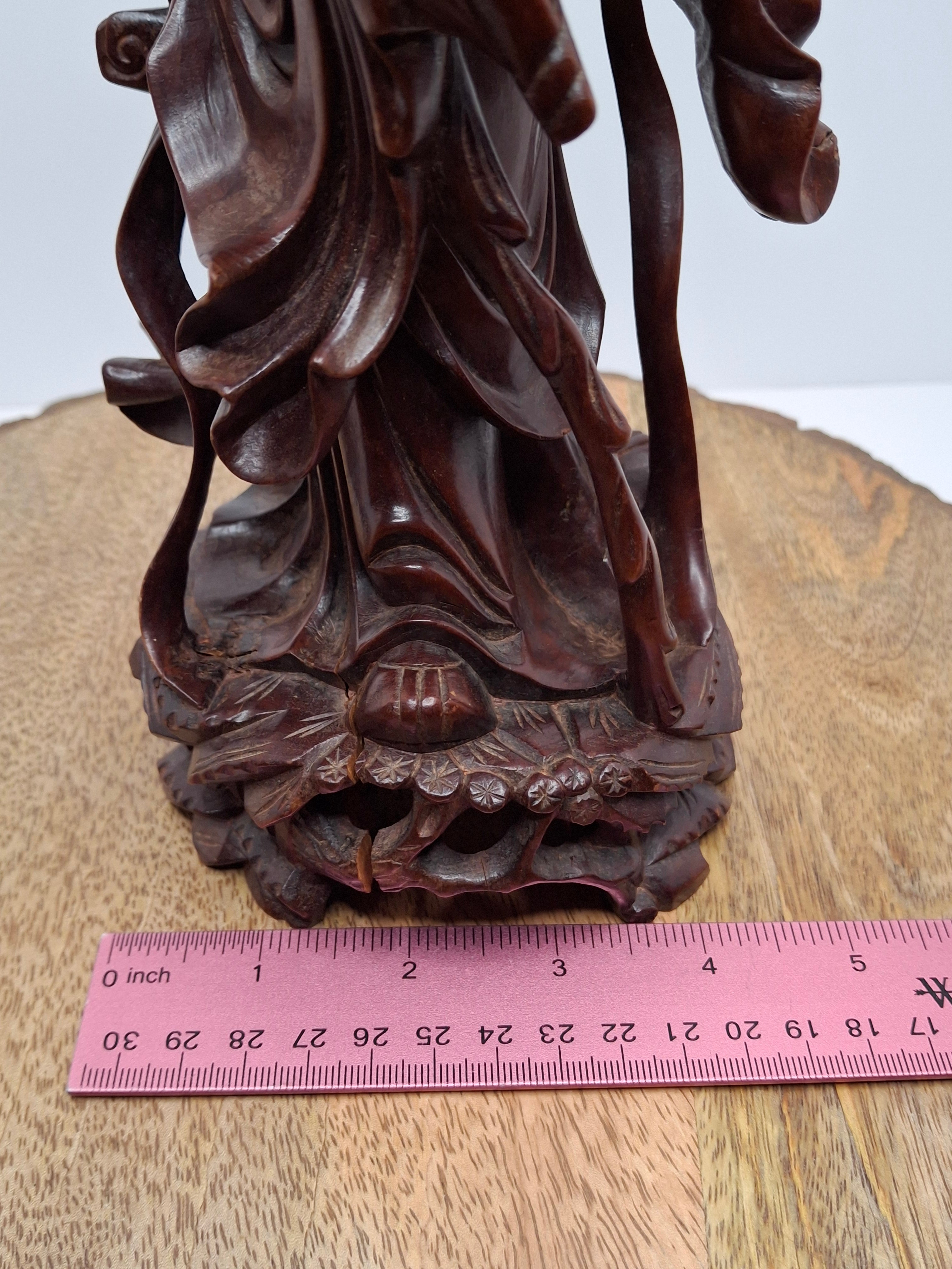 Vintage Mid-20th C Chinese Hand-Carved Hardwood Shou Lao Longevity Statue