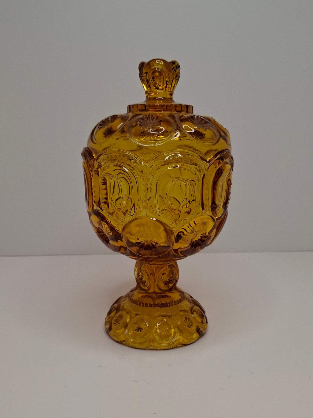 Vintage Moon and Star Amber Glass Covered Compote Candy Dish Mid-Century EAPG 8.25"