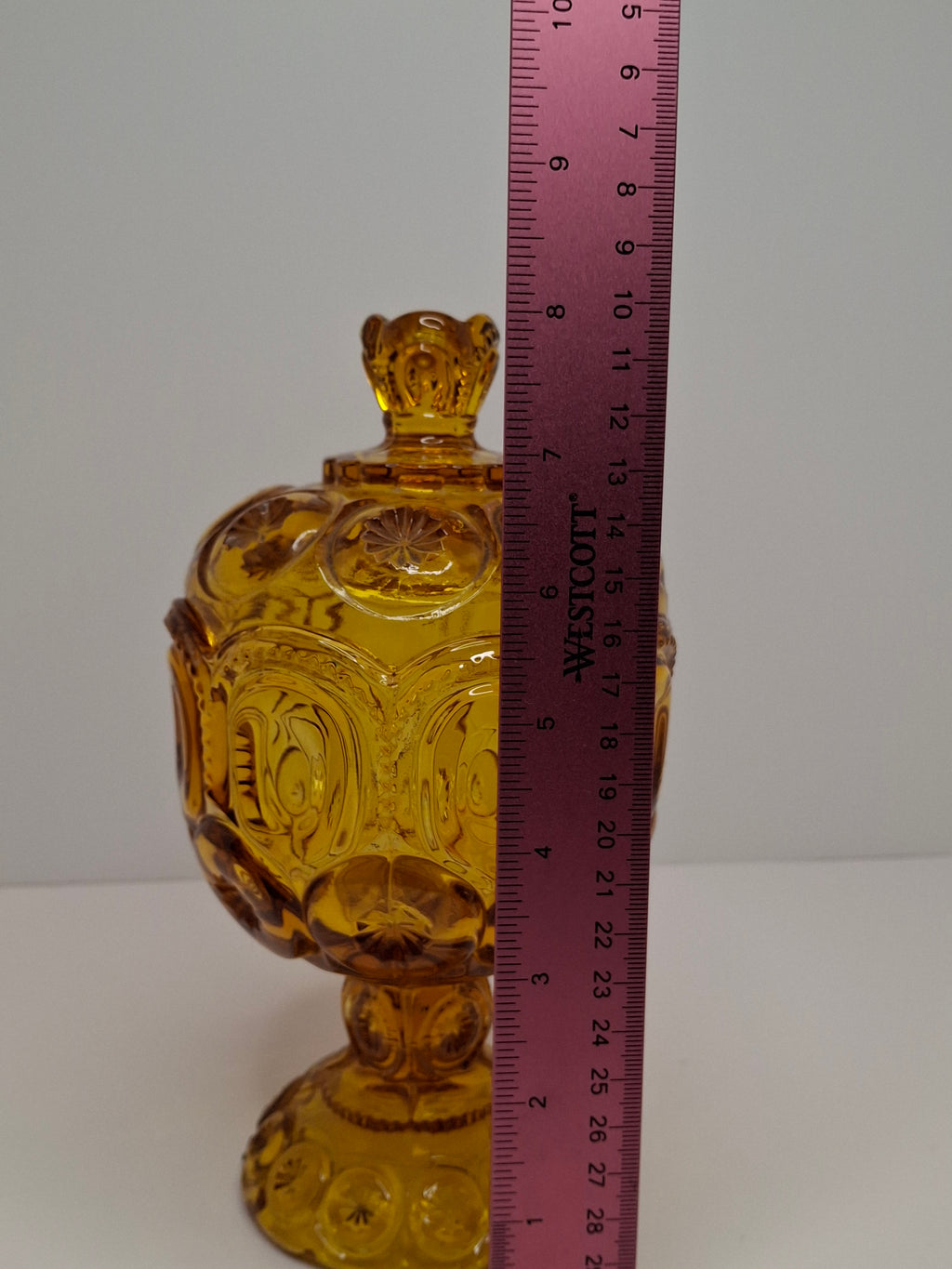 Vintage Moon and Star Amber Glass Covered Compote Candy Dish Mid-Century EAPG 8.25"