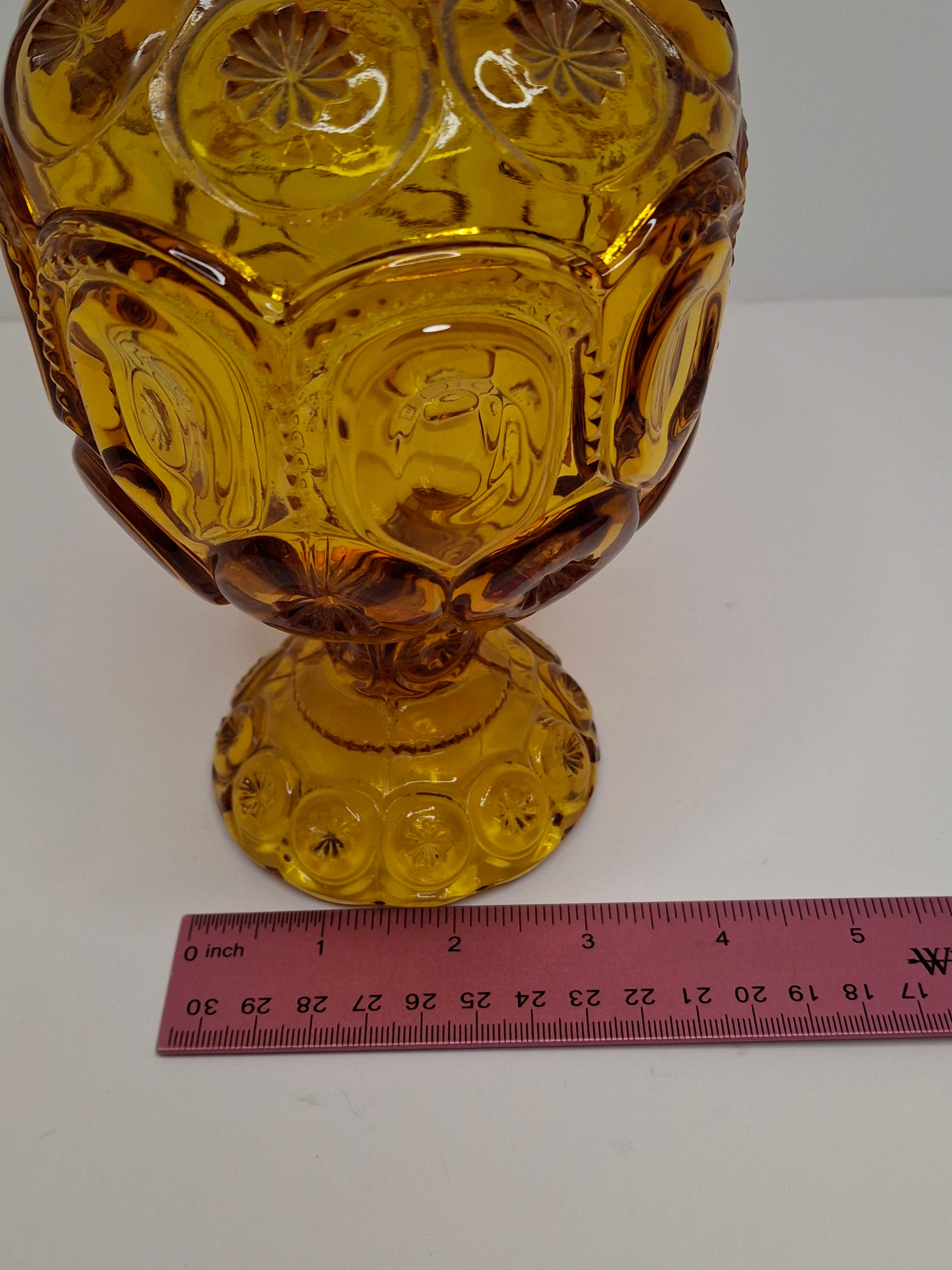 Vintage Moon and Star Amber Glass Covered Compote Candy Dish Mid-Century EAPG 8.25"