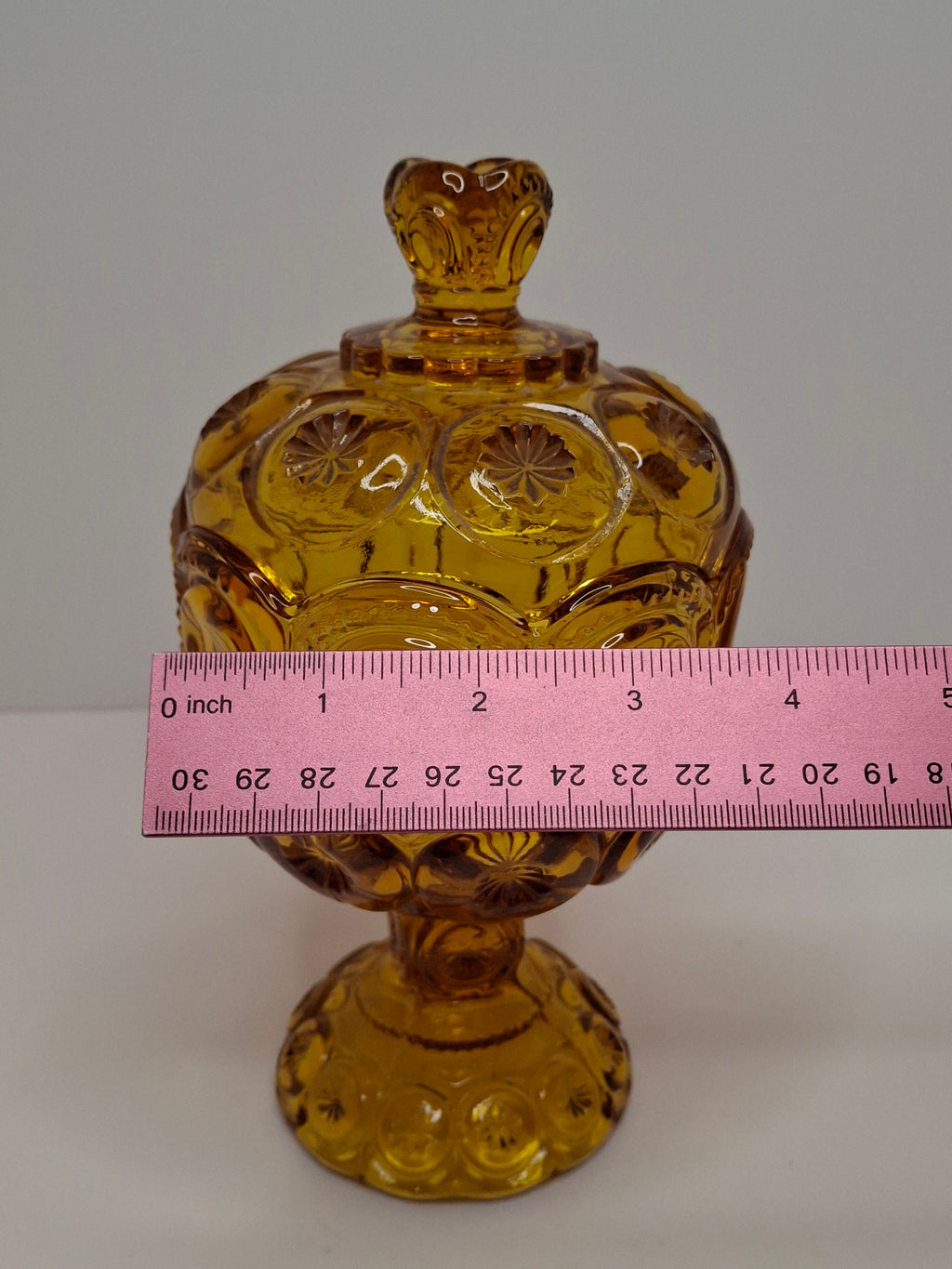 Vintage Moon and Star Amber Glass Covered Compote Candy Dish Mid-Century EAPG 8.25"