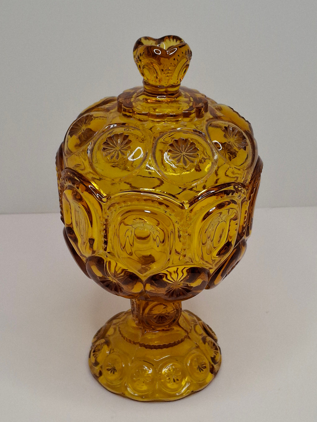 Vintage Moon and Star Amber Glass Covered Compote Candy Dish Mid-Century EAPG 8.25"