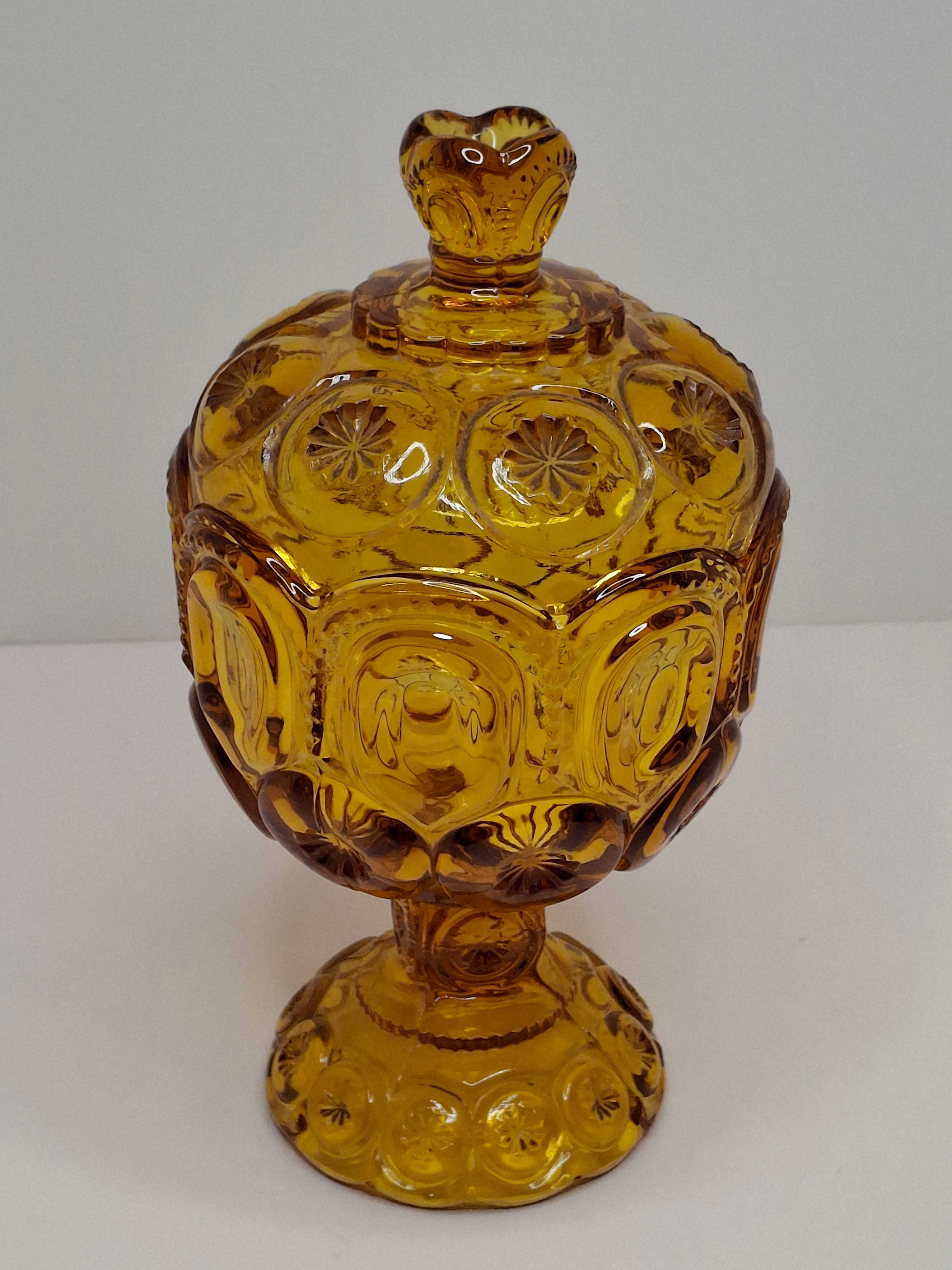 Vintage Moon and Star Amber Glass Covered Compote Candy Dish Mid-Century EAPG 8.25"