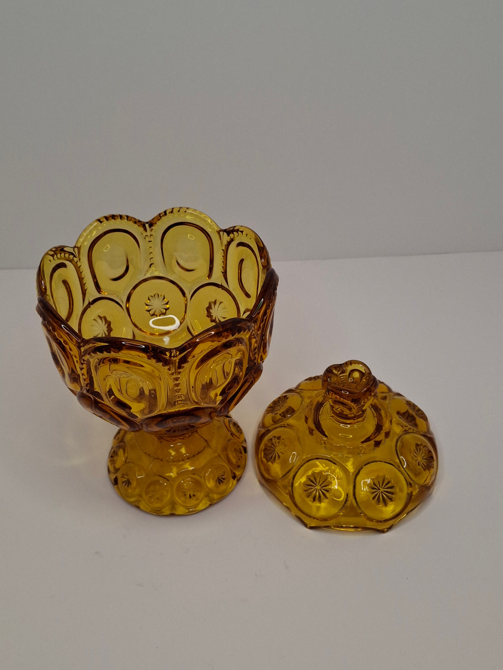 Vintage Moon and Star Amber Glass Covered Compote Candy Dish Mid-Century EAPG 8.25"