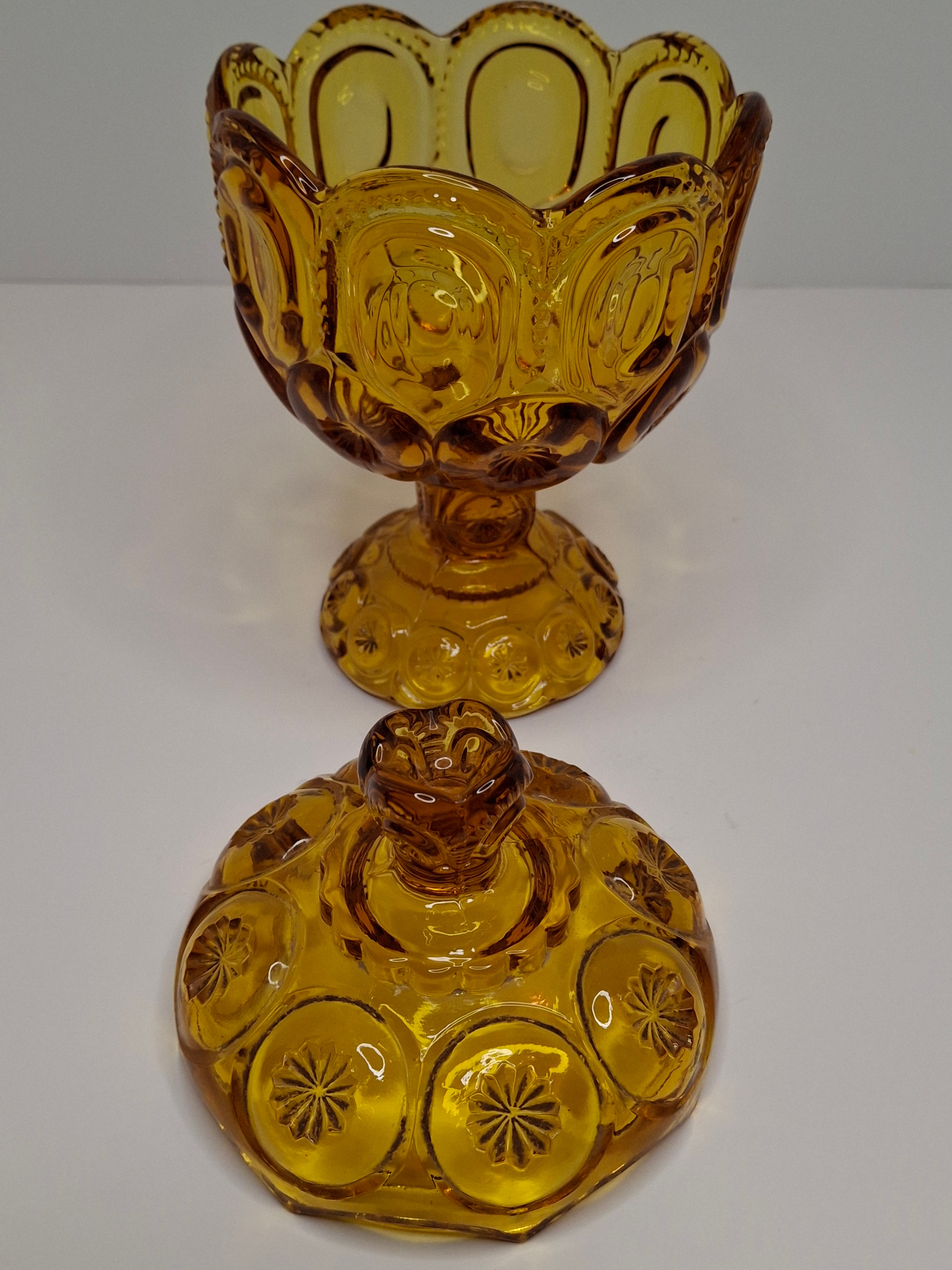 Vintage Moon and Star Amber Glass Covered Compote Candy Dish Mid-Century EAPG 8.25"