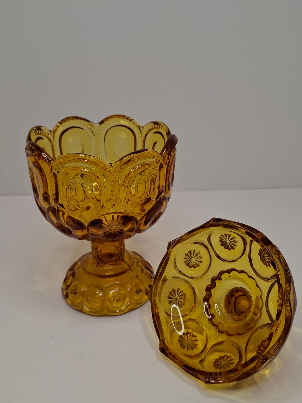 Vintage Moon and Star Amber Glass Covered Compote Candy Dish Mid-Century EAPG 8.25"