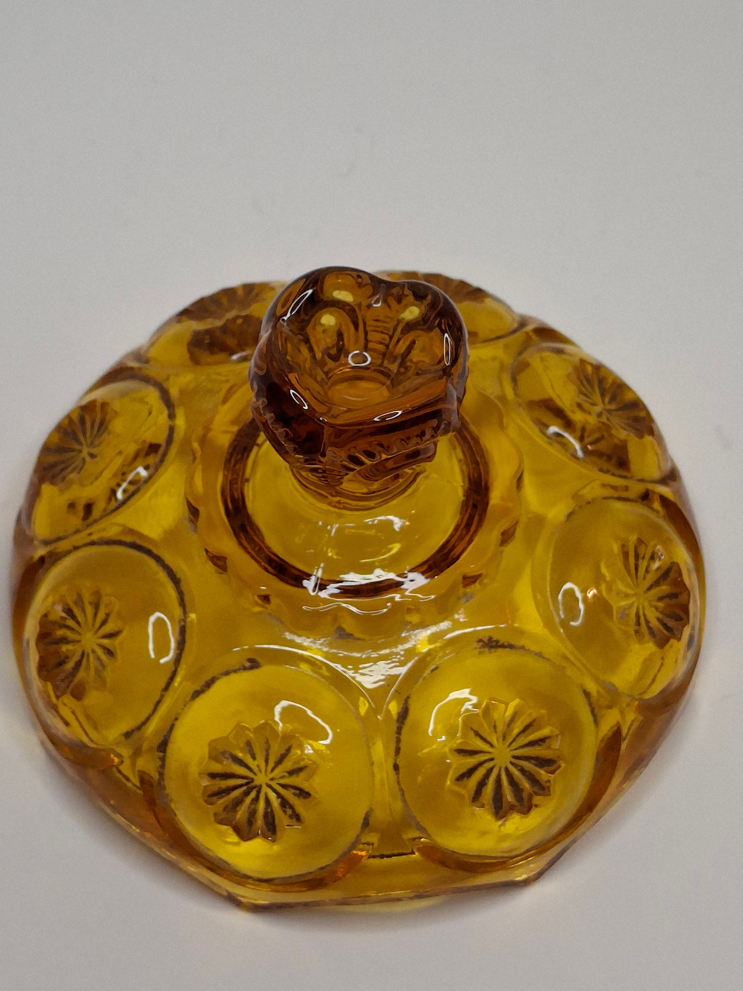Vintage Moon and Star Amber Glass Covered Compote Candy Dish Mid-Century EAPG 8.25"