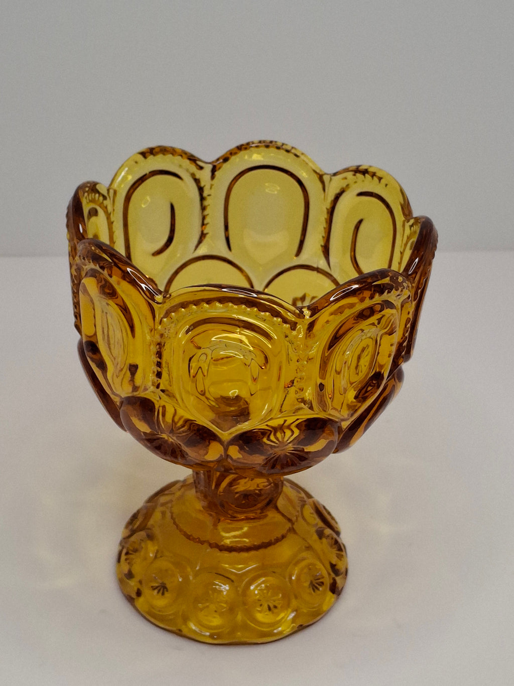 Vintage Moon and Star Amber Glass Covered Compote Candy Dish Mid-Century EAPG 8.25"
