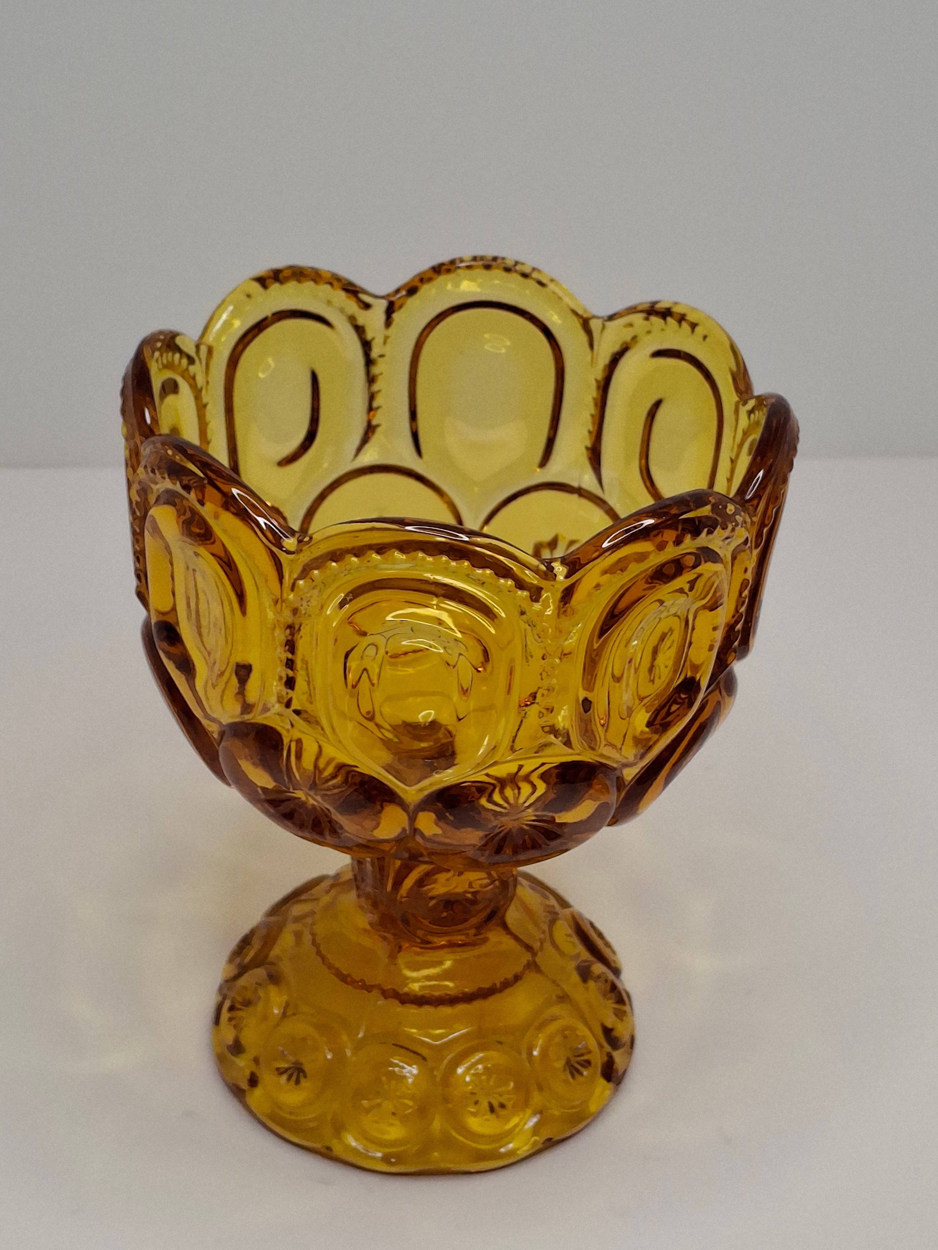 Vintage Moon and Star Amber Glass Covered Compote Candy Dish Mid-Century EAPG 8.25"