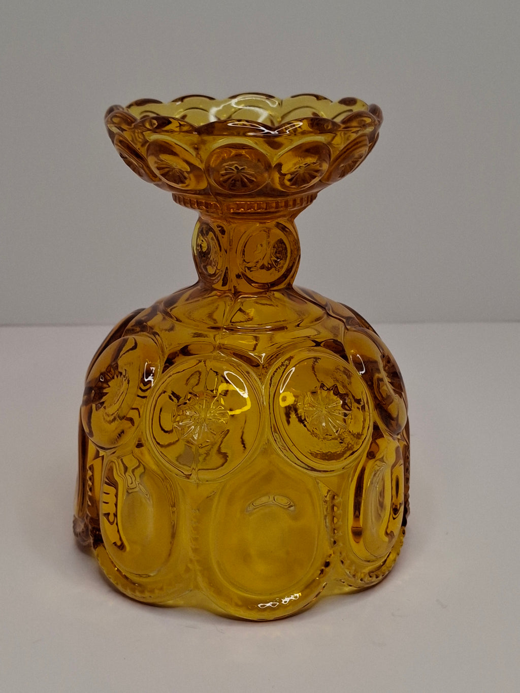 Vintage Moon and Star Amber Glass Covered Compote Candy Dish Mid-Century EAPG 8.25"