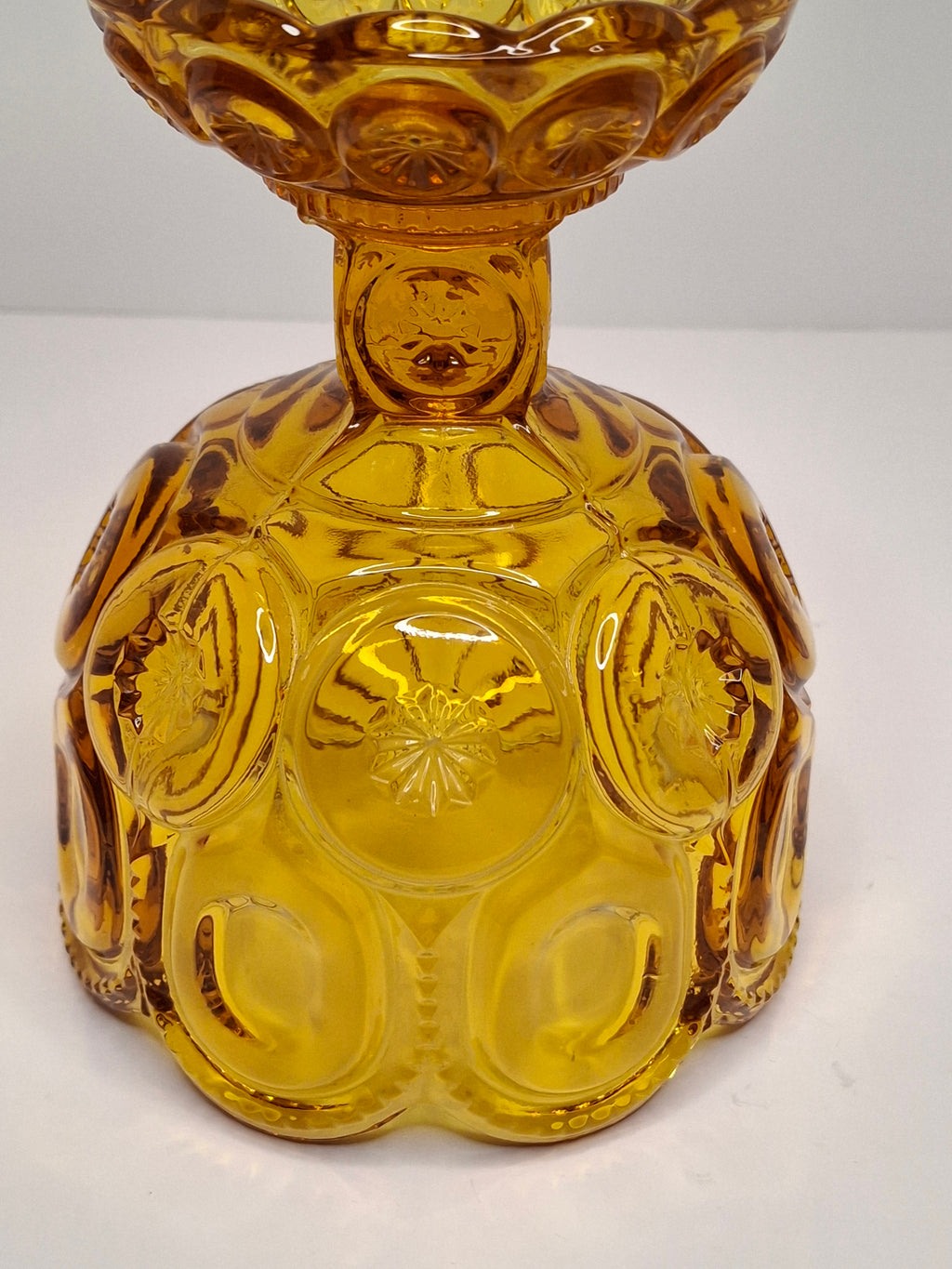 Vintage Moon and Star Amber Glass Covered Compote Candy Dish Mid-Century EAPG 8.25"