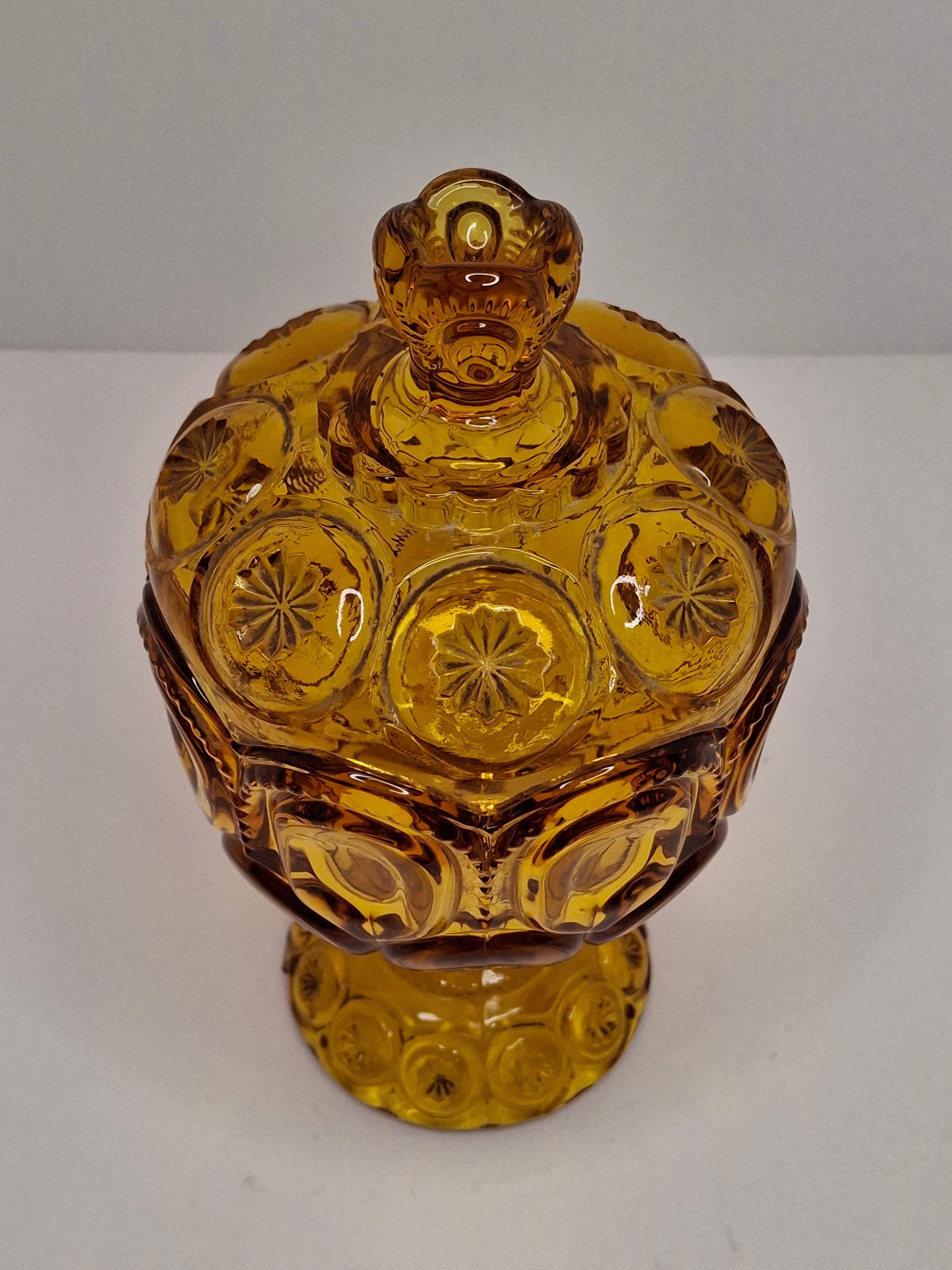 Vintage Moon and Star Amber Glass Covered Compote Candy Dish Mid-Century EAPG 8.25"