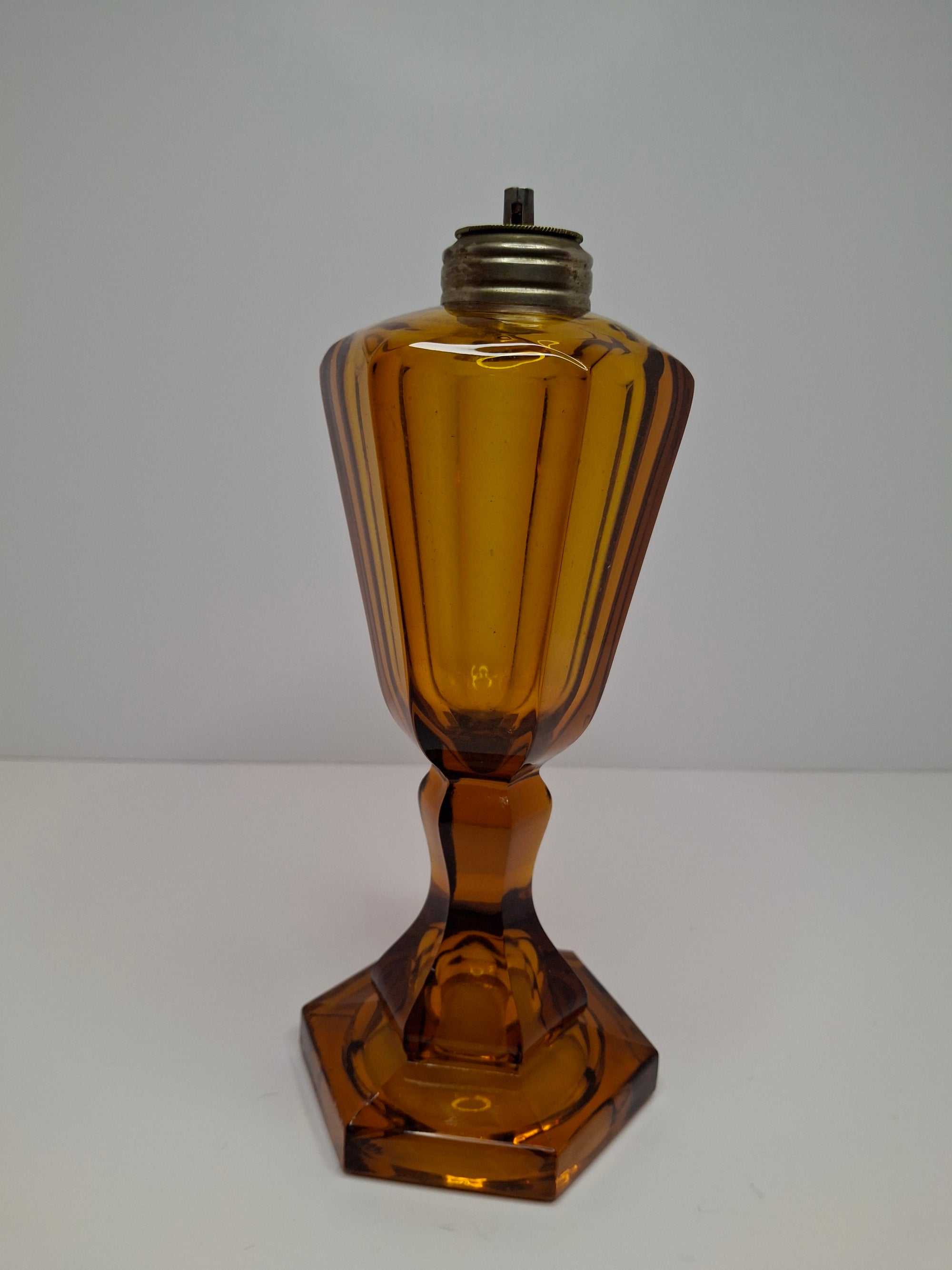 1840s Amber Pressed Glass Whale Oil Lamp Hexagonal Faceted Base Single Tube