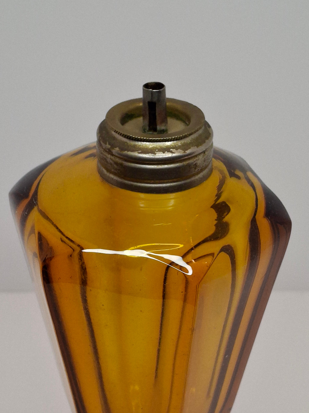 1840s Amber Pressed Glass Whale Oil Lamp Hexagonal Faceted Base Single Tube