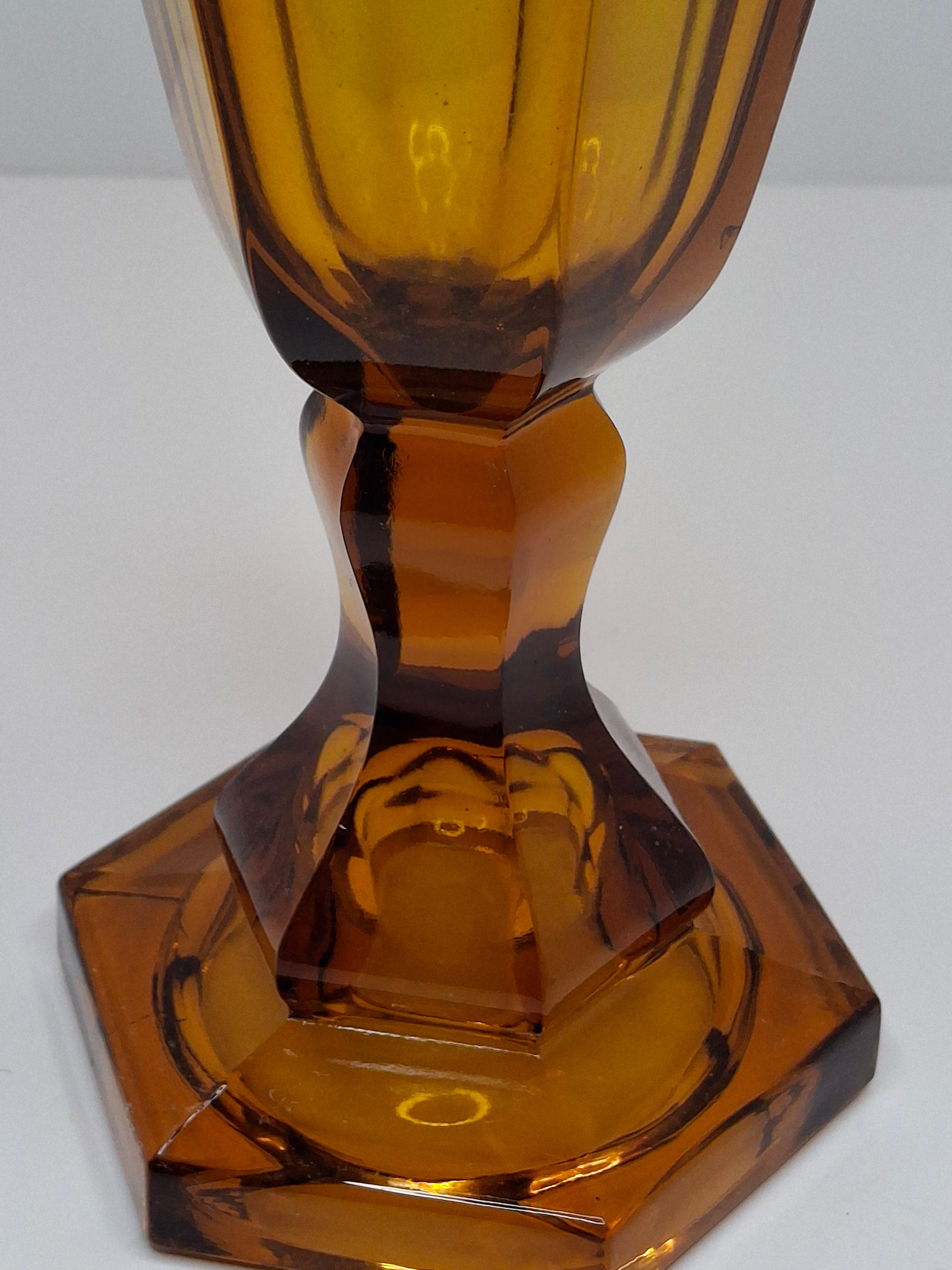 1840s Amber Pressed Glass Whale Oil Lamp Hexagonal Faceted Base Single Tube