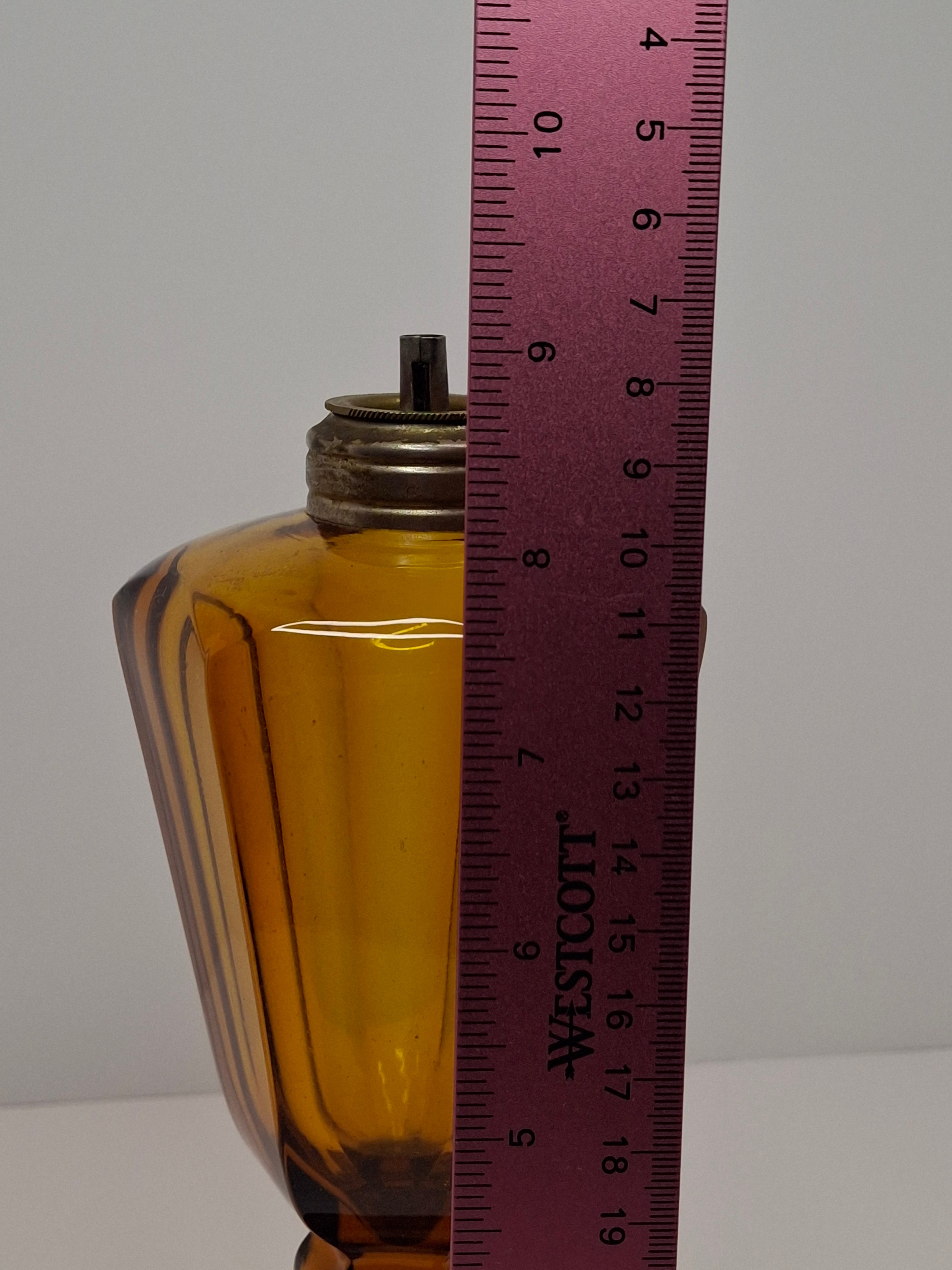 1840s Amber Pressed Glass Whale Oil Lamp Hexagonal Faceted Base Single Tube