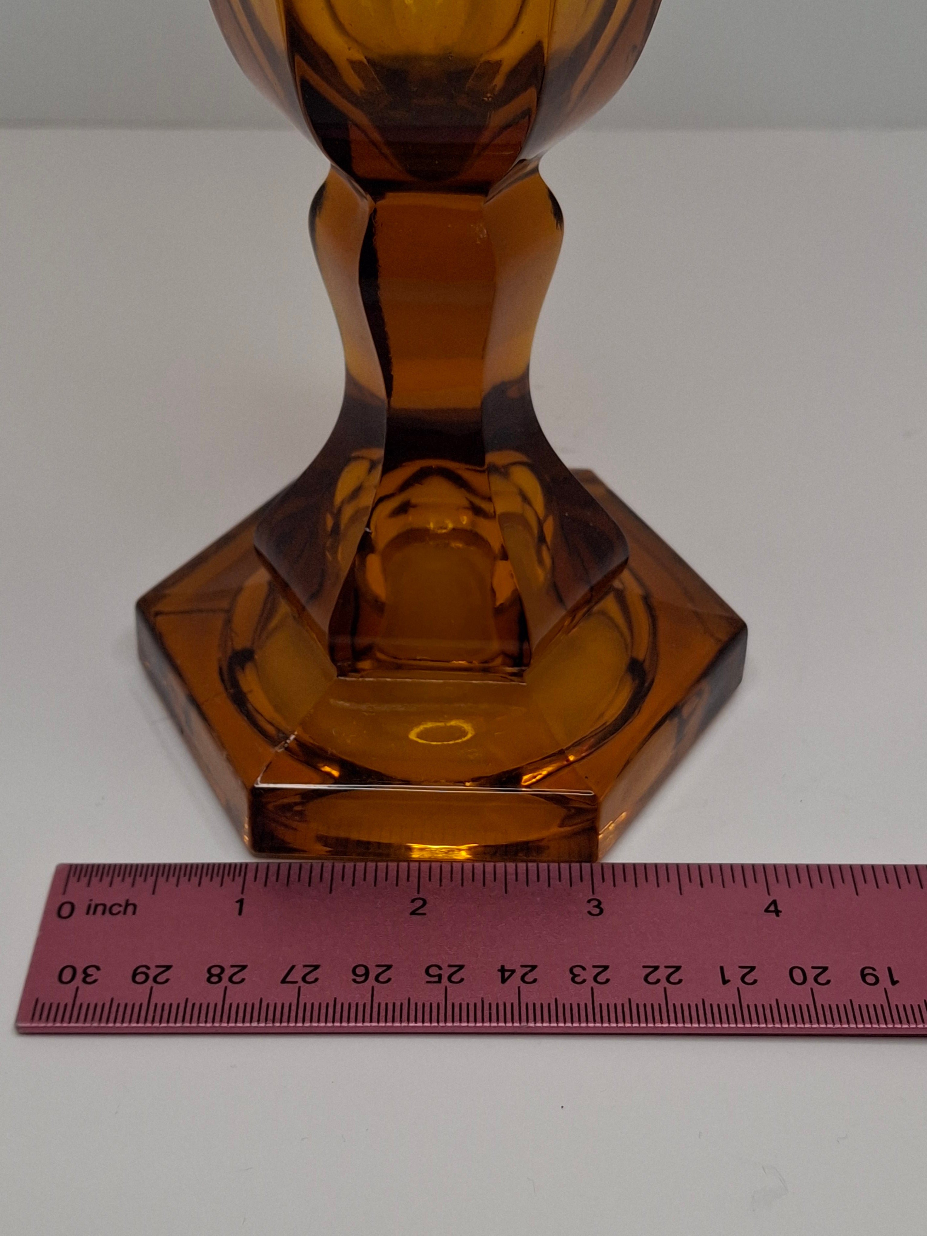 1840s Amber Pressed Glass Whale Oil Lamp Hexagonal Faceted Base Single Tube