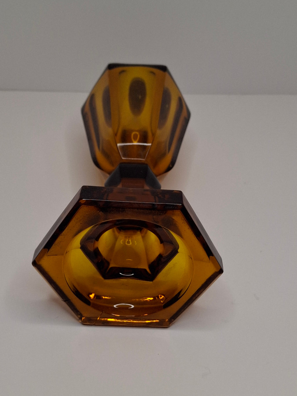 1840s Amber Pressed Glass Whale Oil Lamp Hexagonal Faceted Base Single Tube