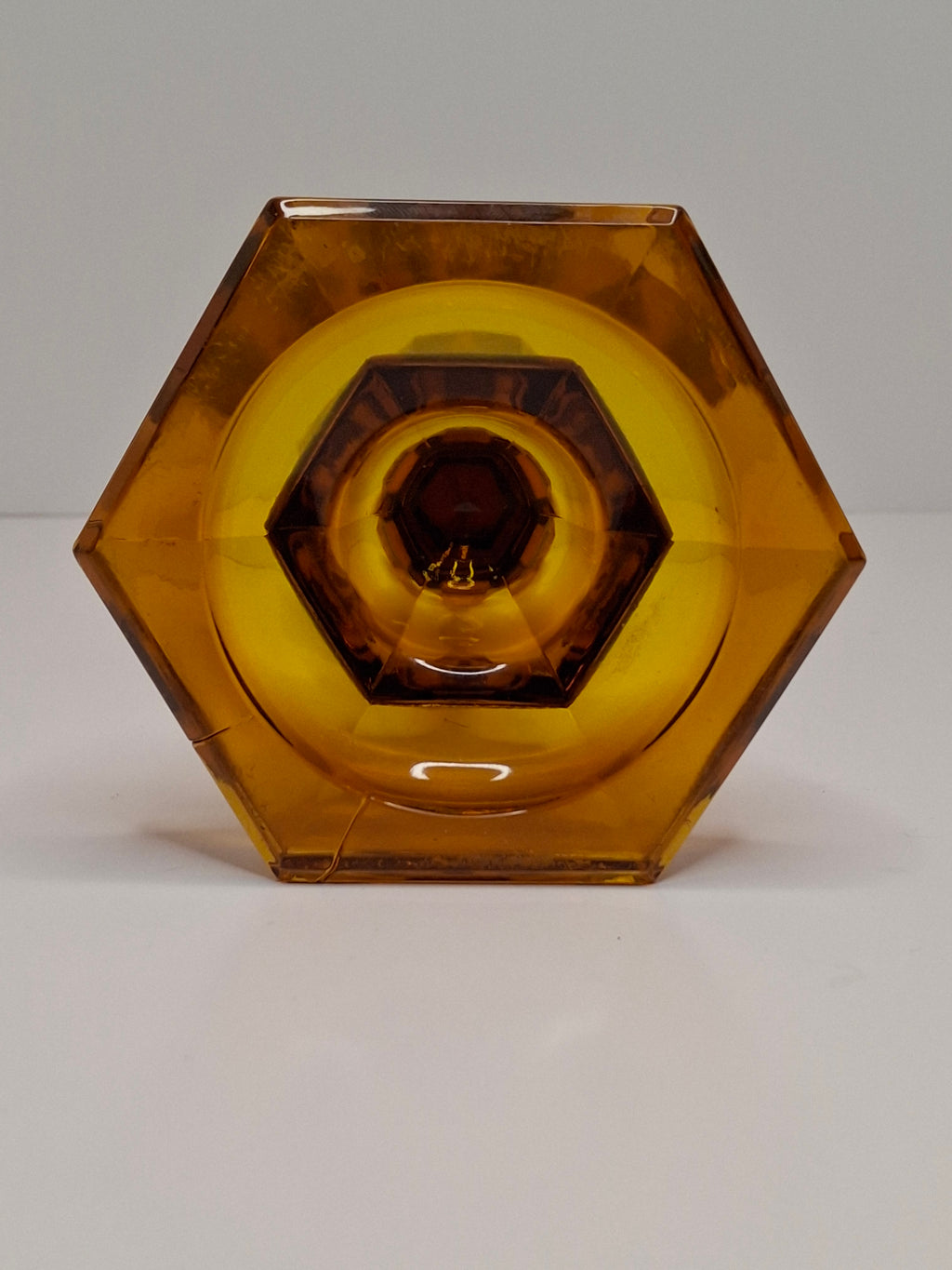 1840s Amber Pressed Glass Whale Oil Lamp Hexagonal Faceted Base Single Tube