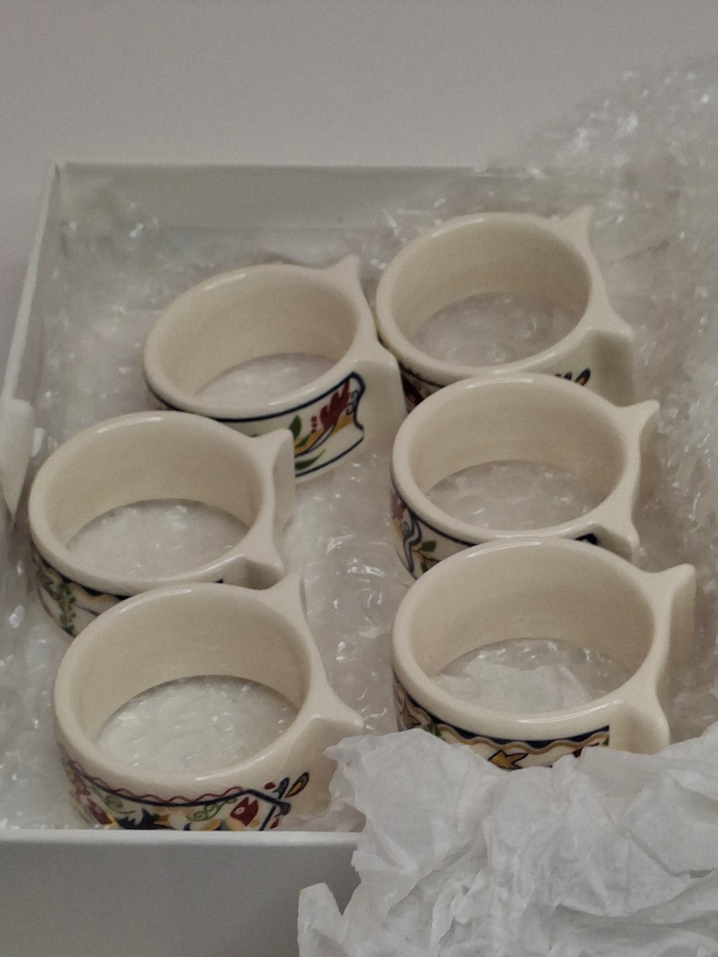 Vintage Set of 12 Danny Azoulay Jerusalem Judaica Ceramic Napkin Rings - Hand-Painted Mosaic Hebrew Motifs, Original Box, Excellent Condition