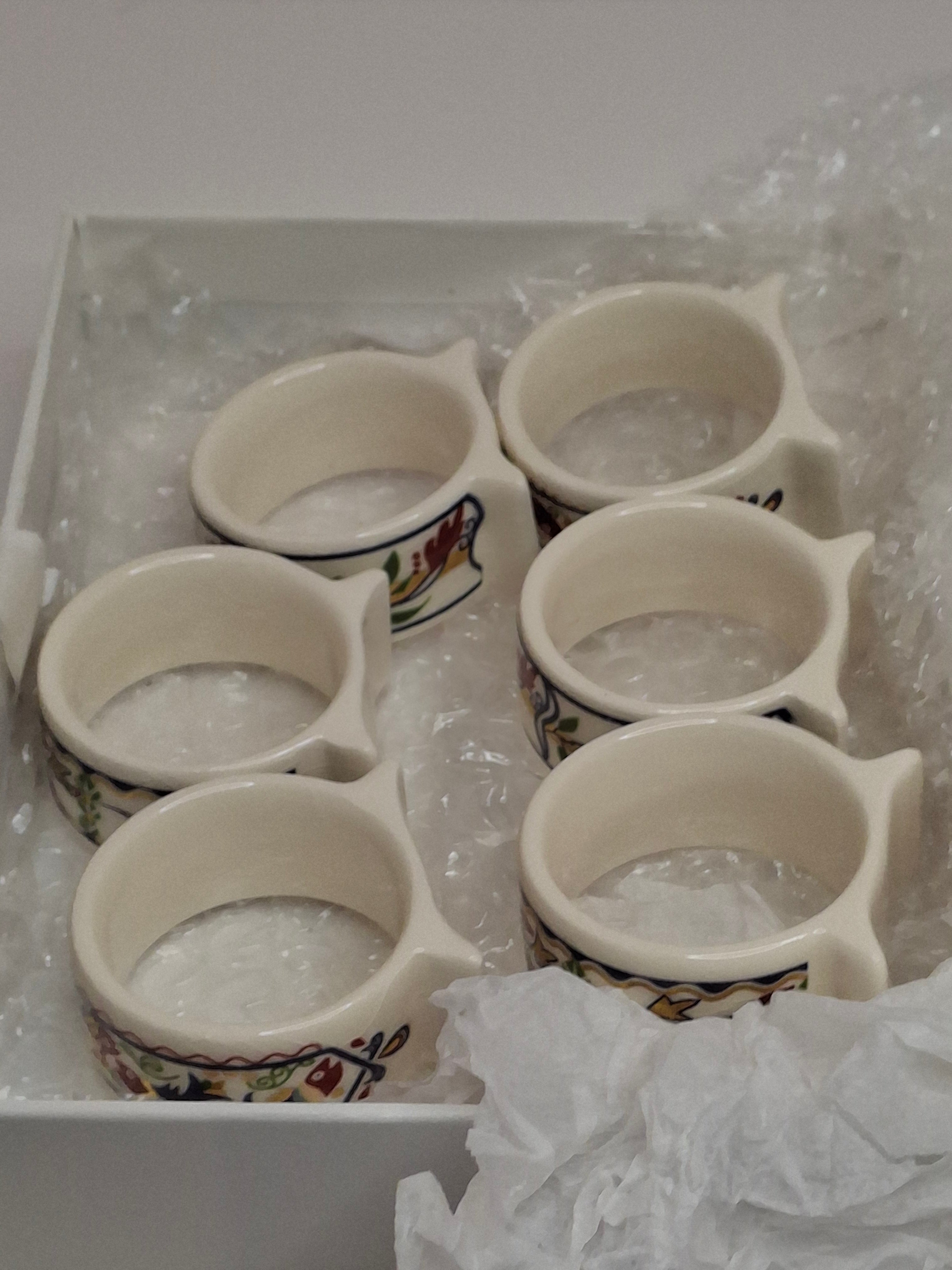 Vintage Set of 12 Danny Azoulay Jerusalem Judaica Ceramic Napkin Rings - Hand-Painted Mosaic Hebrew Motifs, Original Box, Excellent Condition
