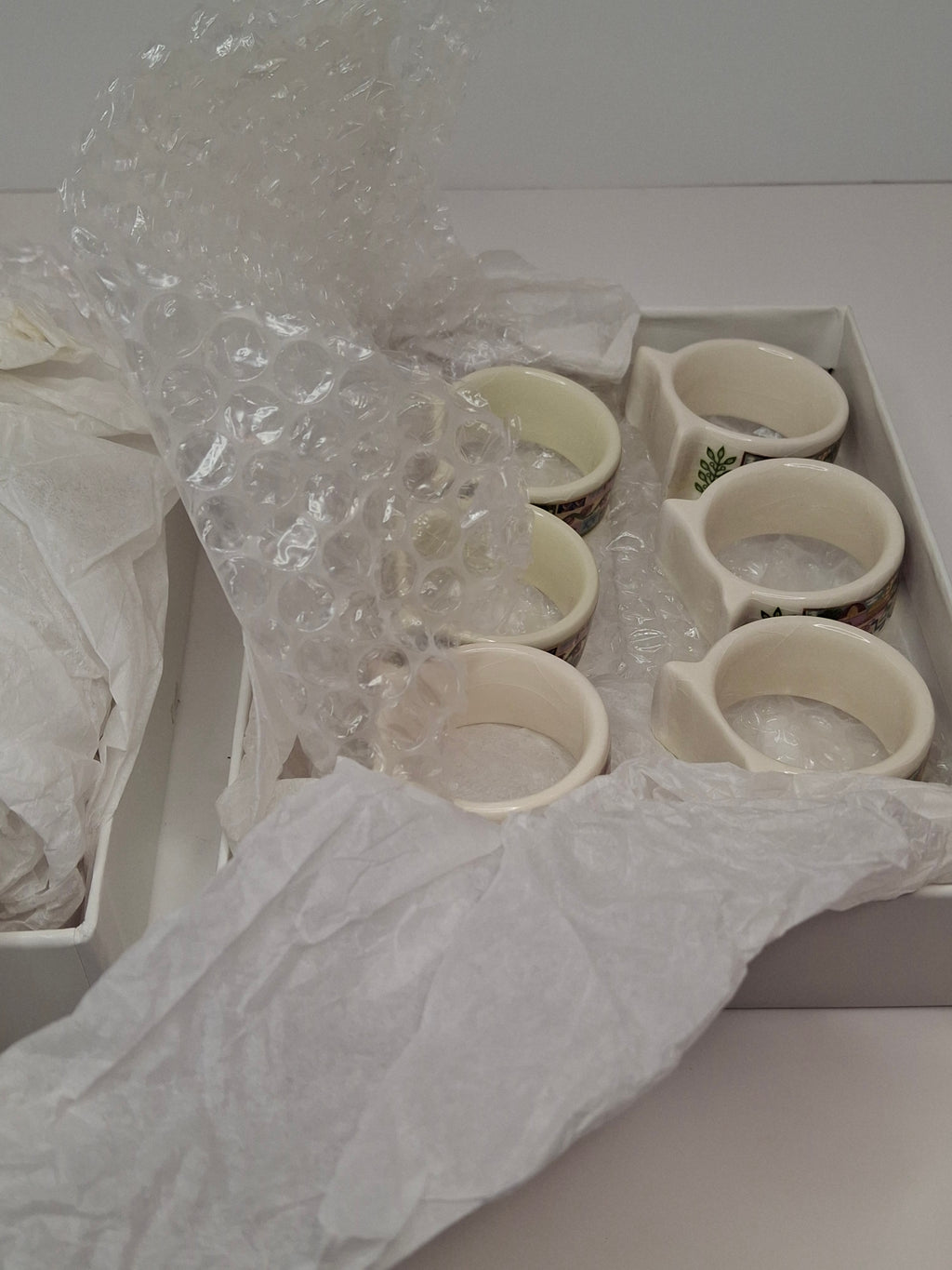 Vintage Set of 12 Danny Azoulay Jerusalem Judaica Ceramic Napkin Rings - Hand-Painted Mosaic Hebrew Motifs, Original Box, Excellent Condition