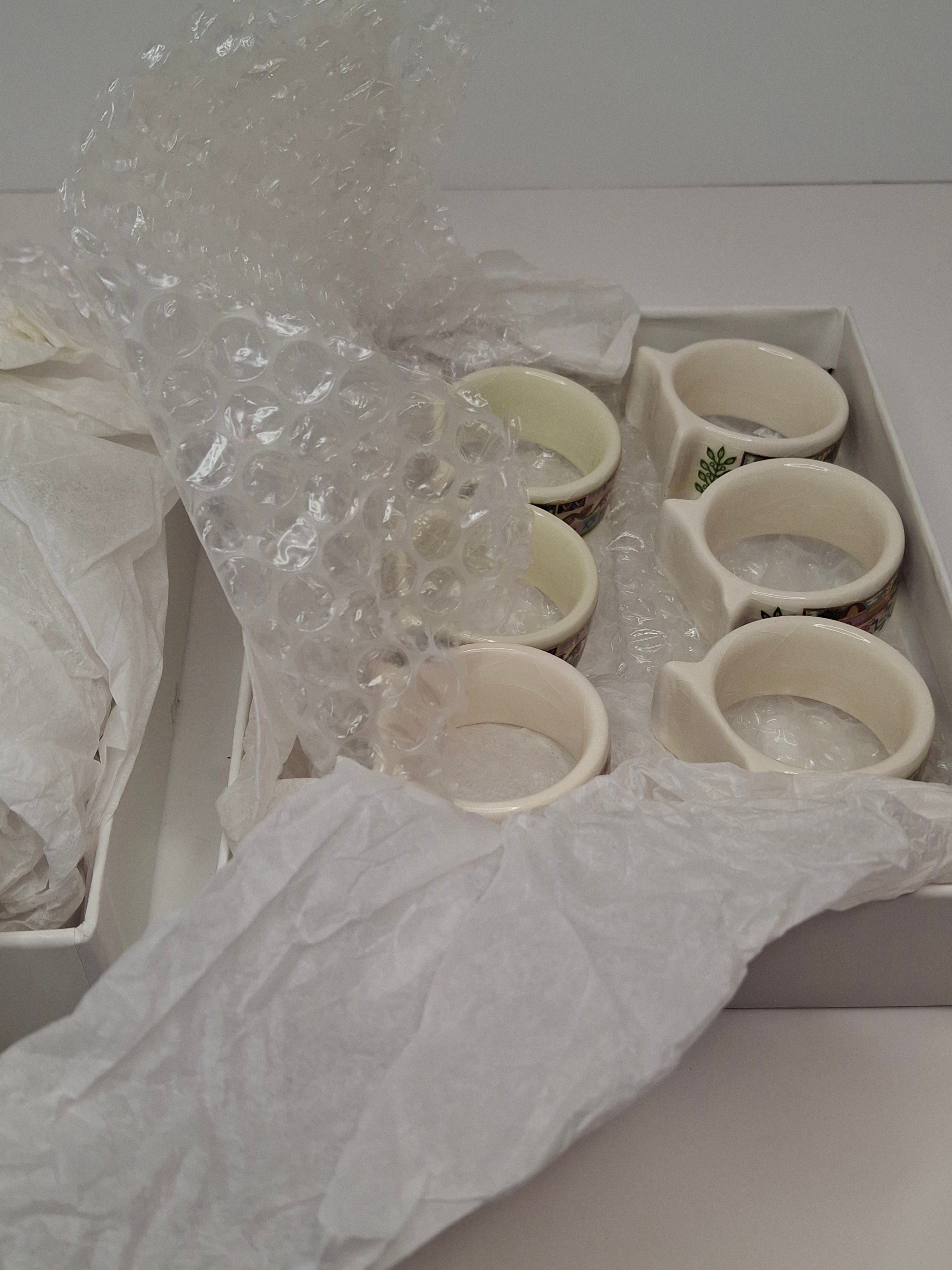 Vintage Set of 12 Danny Azoulay Jerusalem Judaica Ceramic Napkin Rings - Hand-Painted Mosaic Hebrew Motifs, Original Box, Excellent Condition