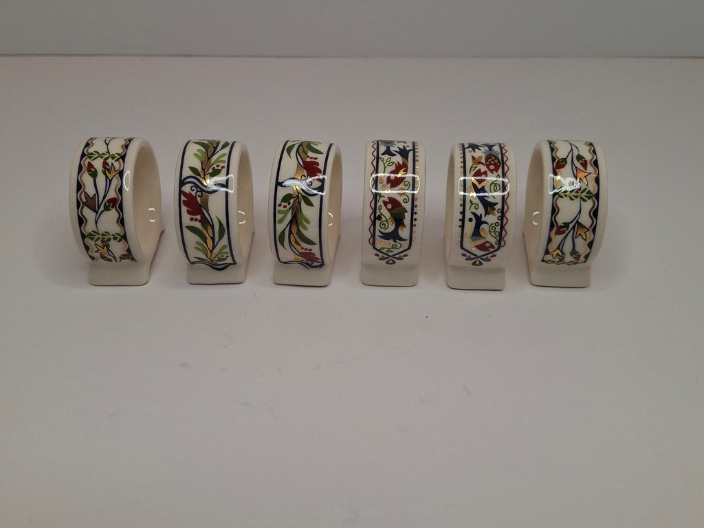 Vintage Set of 12 Danny Azoulay Jerusalem Judaica Ceramic Napkin Rings - Hand-Painted Mosaic Hebrew Motifs, Original Box, Excellent Condition