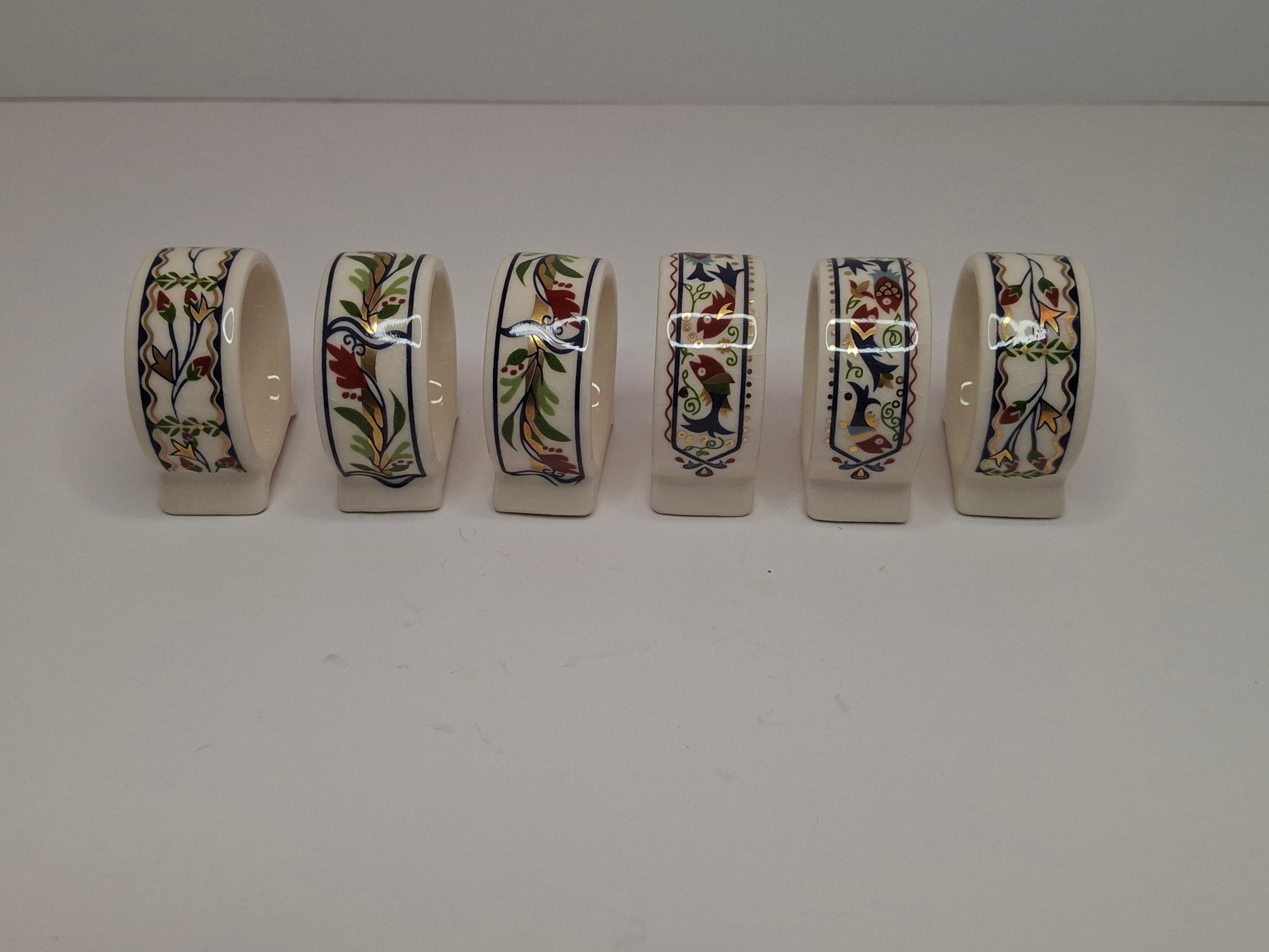 Vintage Set of 12 Danny Azoulay Jerusalem Judaica Ceramic Napkin Rings - Hand-Painted Mosaic Hebrew Motifs, Original Box, Excellent Condition