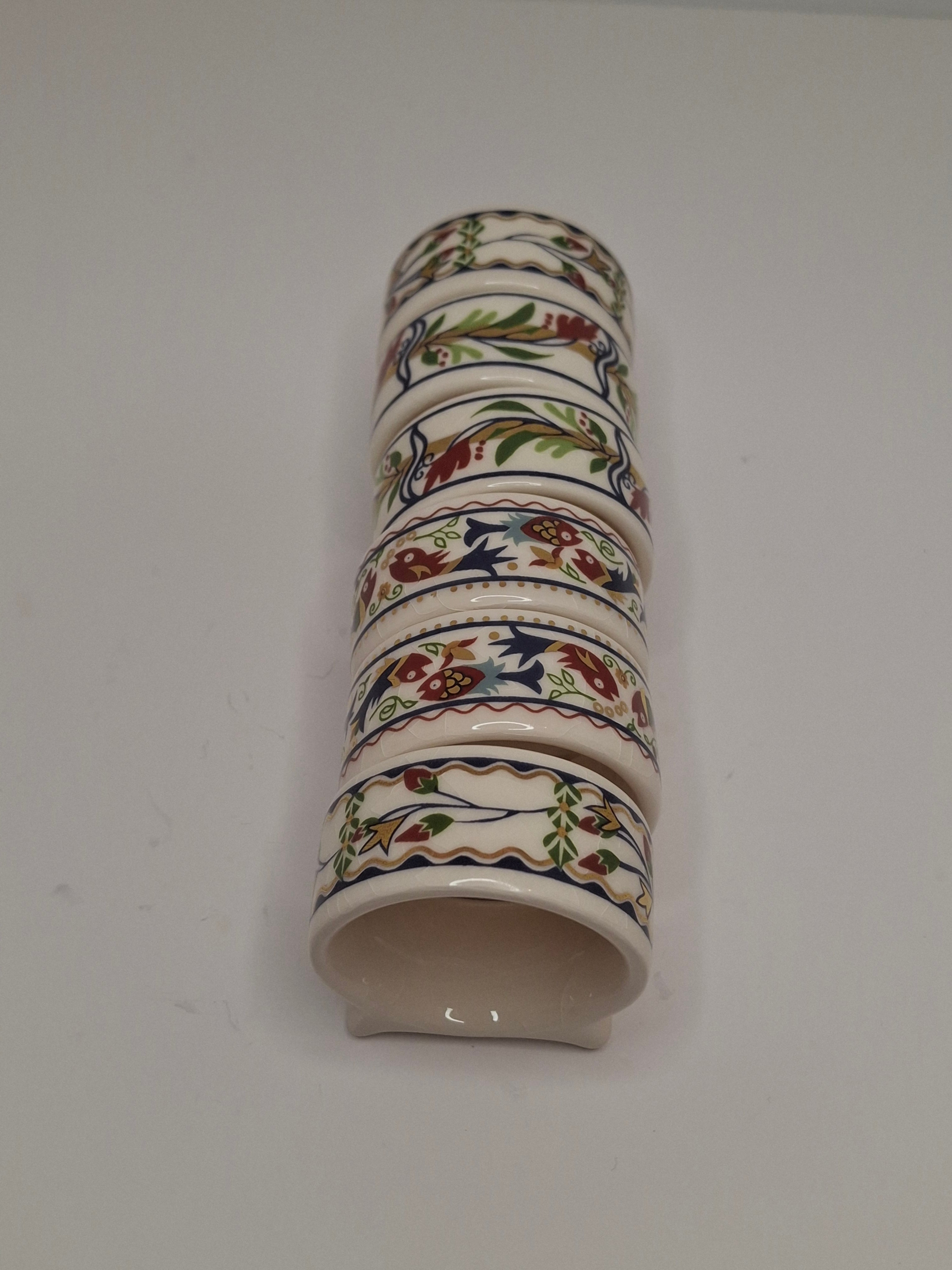 Vintage Set of 12 Danny Azoulay Jerusalem Judaica Ceramic Napkin Rings - Hand-Painted Mosaic Hebrew Motifs, Original Box, Excellent Condition