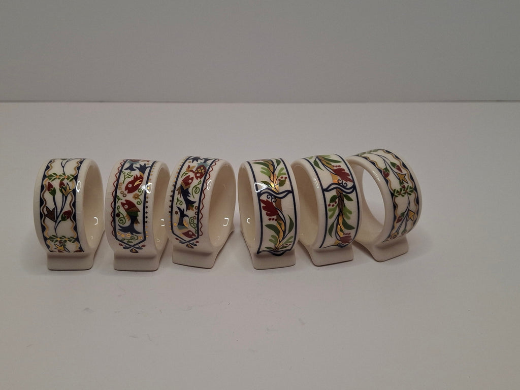 Vintage Set of 12 Danny Azoulay Jerusalem Judaica Ceramic Napkin Rings - Hand-Painted Mosaic Hebrew Motifs, Original Box, Excellent Condition