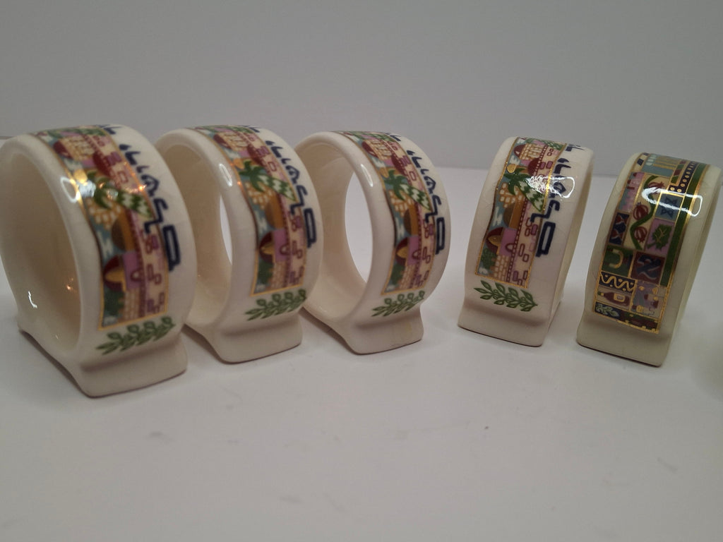 Vintage Set of 12 Danny Azoulay Jerusalem Judaica Ceramic Napkin Rings - Hand-Painted Mosaic Hebrew Motifs, Original Box, Excellent Condition
