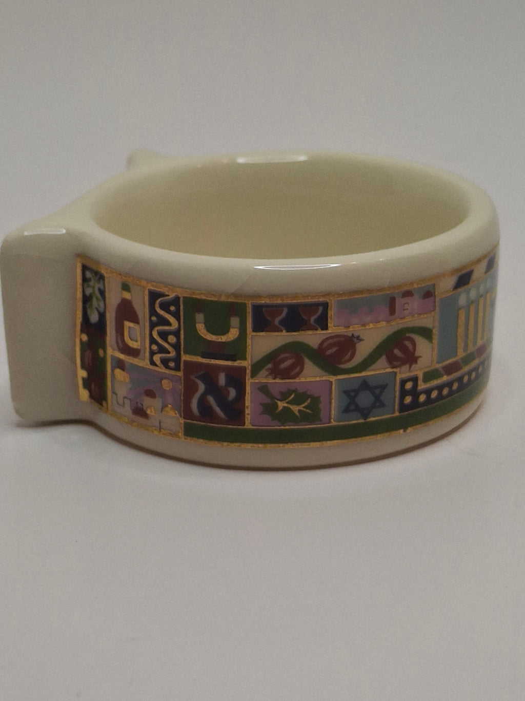 Vintage Set of 12 Danny Azoulay Jerusalem Judaica Ceramic Napkin Rings - Hand-Painted Mosaic Hebrew Motifs, Original Box, Excellent Condition