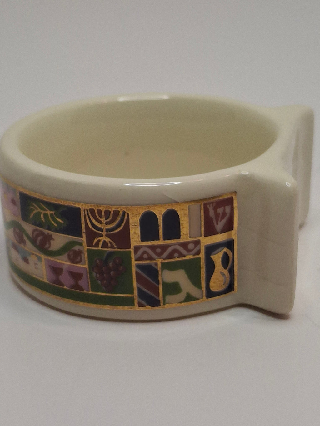 Vintage Set of 12 Danny Azoulay Jerusalem Judaica Ceramic Napkin Rings - Hand-Painted Mosaic Hebrew Motifs, Original Box, Excellent Condition