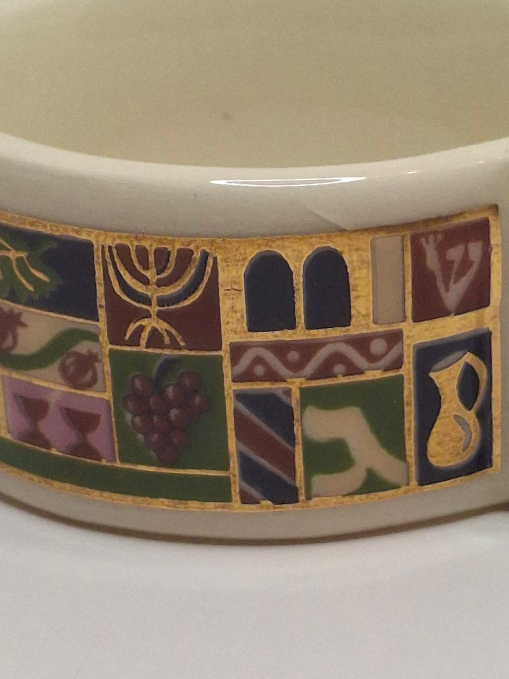 Vintage Set of 12 Danny Azoulay Jerusalem Judaica Ceramic Napkin Rings - Hand-Painted Mosaic Hebrew Motifs, Original Box, Excellent Condition