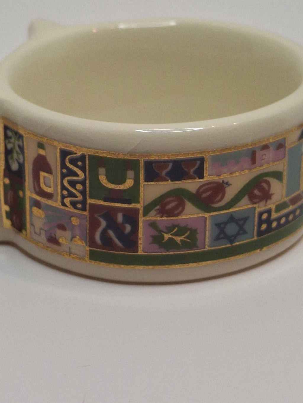 Vintage Set of 12 Danny Azoulay Jerusalem Judaica Ceramic Napkin Rings - Hand-Painted Mosaic Hebrew Motifs, Original Box, Excellent Condition