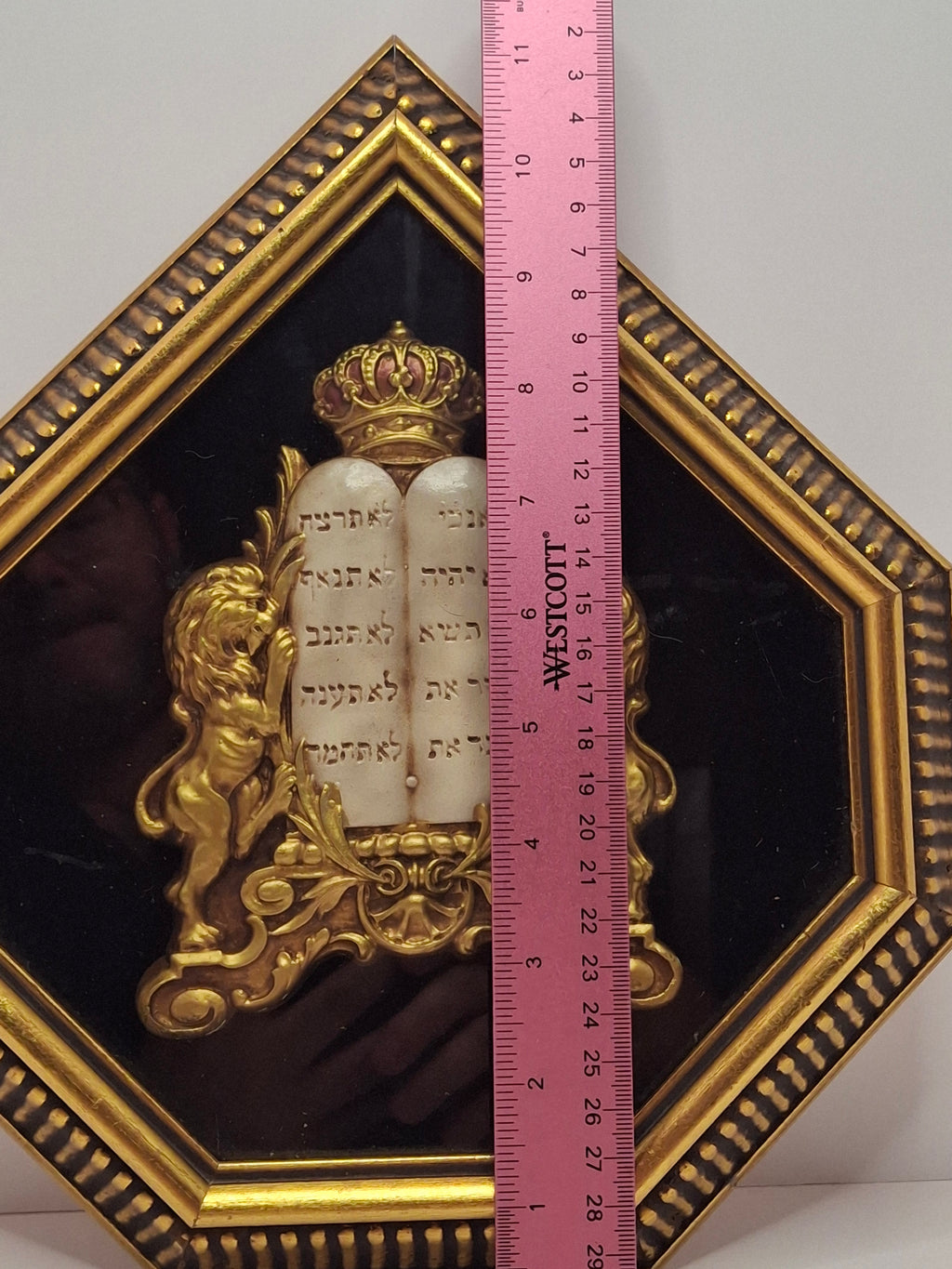 Vintage Mid-Century Judaica Ten Commandments Wall Plaque with Lions of Judah, Crown, Gold Frame & Black Velvet Background