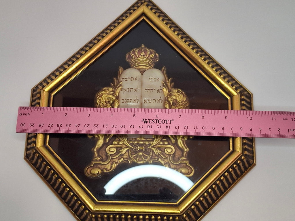 Vintage Mid-Century Judaica Ten Commandments Wall Plaque with Lions of Judah, Crown, Gold Frame & Black Velvet Background