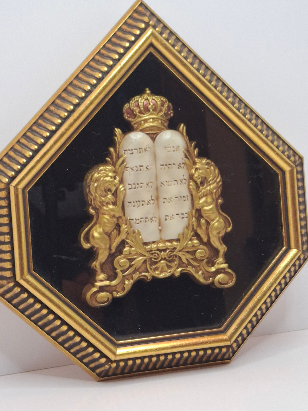 Vintage Mid-Century Judaica Ten Commandments Wall Plaque with Lions of Judah, Crown, Gold Frame & Black Velvet Background